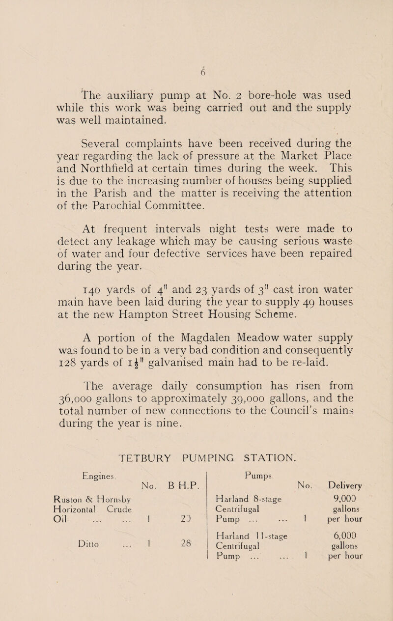 The auxiliary pump at No. 2 bore-hole was used while this work was being carried out and the supply was well maintained. Several complaints have been received during the year regarding the lack of pressure at the Market Place and Northheld at certain times during the week. This is due to the increasing number of houses being supplied in the Parish and the matter is receiving the attention of the Parochial Committee. At frequent intervals night tests were made to detect any leakage which may be causing serious waste of water and four defective services have been repaired during the year. 140 yards of 4” and 23 yards of cast iron water main have been laid during the year to supply 49 houses at the new Hampton Street Housing Scheme. A portion of the Magdalen Meadow water supply was found to be in a very bad condition and consequently 128 yards of i£!I galvanised main had to be re-laid. The average daily consumption has risen from 36,000 gallons to approximately 39,000 gallons, and the total number of new connections to the Council’s mains during the year is nine. EETBURY PUMPING STATION. Engines. No. B H.P. Ruston & Hornsby Horizontal Crude Oil . 1 23 Ditto ... 1 28 Pumps No. Delivery Harland 8-stage 9,000 Centrifugal gallons Pump ... ... 1 per hour Harland 11-stage 6,000 Centrifugal gallons Pump ... ... 1 per hour