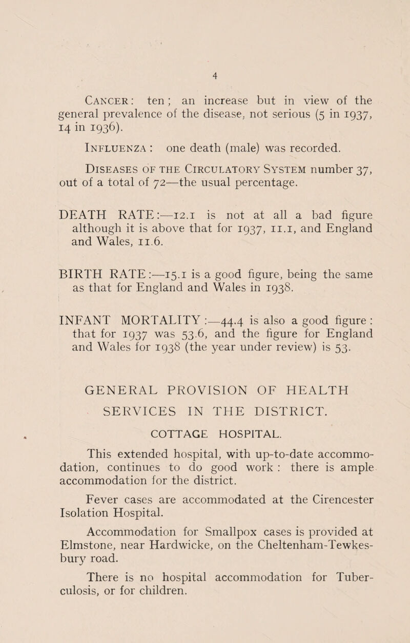 Cancer: ten; an increase but in view of the general prevalence of the disease, not serious (5 in 1937, 14 in 1936). Influenza : one death (male) was recorded. Diseases of the Circulatory System number 37, out of a total of 72—the usual percentage. DEATH RATE:—12.1 is not at all a bad figure although it is above that for 1937, 11.1, and England and Wales, 11.6. BIRTH RATE:—15.1 is a good figure, being the same as that for England and Wales in 1938. INFANT MORTALITY .—44.4 is also a good figure : that for 1937 was 53.6, and the figure for England and Wales for 1938 (the year under review) is 53. GENERAL PROVISION OF HEALTH SERVICES IN THE DISTRICT. COTTAGE HOSPITAL. This extended hospital, with up-to-date accommo¬ dation, continues to do good work : there is ample accommodation for the district. Fever cases are accommodated at the Cirencester Isolation Hospital. Accommodation for Smallpox cases is provided at Elmstone, near Hardwicke, on the Cheltenham-Tewkes- bury road. There is no hospital accommodation for Tuber¬ culosis, or for children.