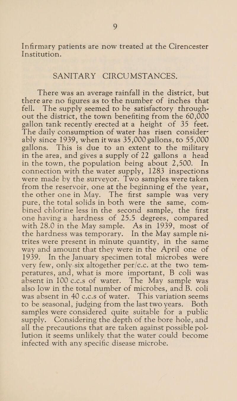Infirmary patients are now treated at the Cirencester Institution. SANITARY CIRCUMSTANCES. There was an average rainfall in the district, but there are no figures as to the number of inches that fell. The supply seemed to be satisfactory through¬ out the district, the town benefiting from the 60,000 gallon tank recently erected at a height of 35 feet. The daily consumption of water has risen consider' ably since 1939, when it was 35,000 gallons, to 55,000 gallons. This is due to an extent to the military in the area, and gives a supply of 22 gallons a head in the town, the population being about 2,500. In connection with the water supply, 1283 inspections were made by the surveyor. Two samples were taken from the reservoir, one at the beginning ef the year, the other one in May. The first sample was very pure, the total solids in both were the same, com¬ bined chlorine less in the second sample, the first one having a hardness of 25.5 degrees, compared with 28.0 in the May sample. As in 1939, most of the hardness was temporary. In the May sample ni¬ trites were present in minute quantity, in the same way and amount that they were in the April one of 1939. In the January specimen total microbes were very few, only six altogether per/c.c. at the two tem¬ peratures, and, what is more important, B coli was absent in 100 c.c.s of water. The May sample was also low in the total number of microbes, and B. coli was absent in 40 c.c.s of water. This variation seems to be seasonal, judging from the last two years. Both samples were considered quite suitable for a public supply. Considering the depth of the bore hole, and all the precautions that are taken against possible pol¬ lution it seems unlikely that the water could become infected with any specific disease microbe.