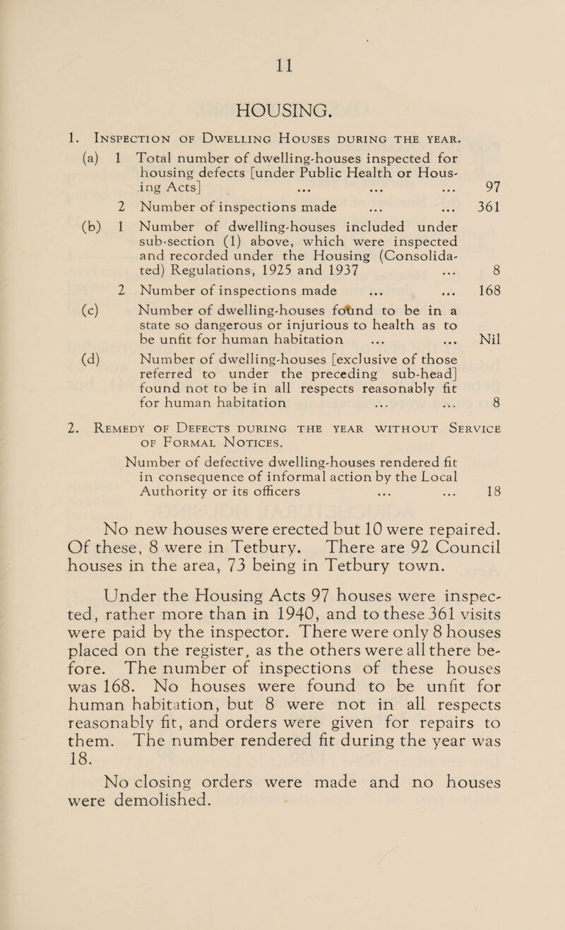 HOUSING. 1. Inspection of Dwelling Houses during the year. (a) 1 Total number of dwelling-houses inspected for housing defects [under Public Health or Hous¬ ing Acts] ... ... ... 97 2 Number of inspections made ... ... 361 (b) 1 Number of dwelling-houses included under sub-section (1) above, which were inspected and recorded under the Housing (Consolida¬ ted) Regulations, 1925 and 1937 ... 8 2 Number of inspections made ... ... 168 (c) Number of dwelling-houses fotind to be in a state so dangerous or injurious to health as to be unfit for human habitation ... ... Nil (d) Number of dwelling-houses [exclusive of those referred to under the preceding sub-head] found not to be in all respects reasonably fit for human habitation ... ... 8 2. Remedy of Defects during the year without Service of Formal Notices. Number of defective dwelling-houses rendered fit in consequence of informal action by the Local Authority or its officers ... ... 18 No new houses were erected but 10 were repaired. Of these, 8 were in Tetbury. There are 92 Council houses in the area, 73 being in Tetbury town. Under the Housing Acts 97 houses were inspec- ted, rather more than in 1940, and to these 361 visits were paid by the inspector. There were only 8 houses placed on the register, as the others were all there be¬ fore. The number of inspections of these houses was 168. No houses were found to be unfit for human habitation, but 8 were not in all respects reasonably fit, and orders were given for repairs to them. The number rendered fit during the year was 18. No closing orders were made and no houses were demolished.