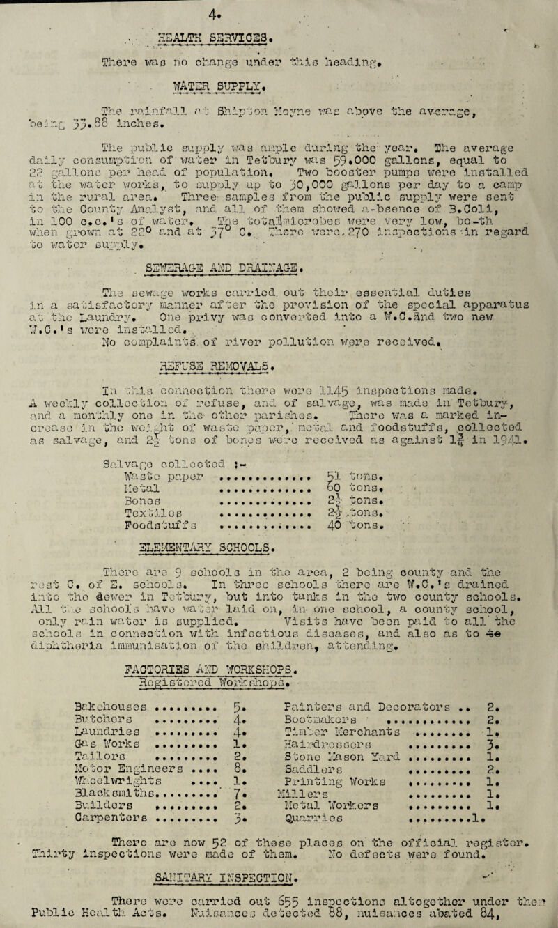 4* ..... HEALTH SERVICES. There was no change under this heading* WATER SUPPLY, The rainfall being 33*88 inches. Ship-':on Moyne was above the average, The public supply was ample during the year, The average daily consumption of water in Tetbury was 59*000 gallons, equal to 22 gallons per head of population. Two booster pumps were installed at the water works, to supply up to 30,000 gallons per day to a camp in the rural area. Three- samples from the public supply were sent to the County Analyst, and all of them showed a-bsence of B*Coli, in 100 c*c, I u ■jo water supp * s of water. The tota^microbes were very low, bo-th when grown at 22° and at 37u 0, rru mere were,270 inspections-in regard SEWERAGE AND DEAINA& ny, N 4.1x0 sewage works carried, out their essential duties in a satisfactory manner after the provision of the special apparatus at the Laundry, One privy was converted into a W,C.&nd two new W.C.«s were installed, . No complaints, of river pollution were received, REFUSE REMOVALS. In this connection there wore 1145 inspections made, A weekly collection of refuse, and of salvage, was made in Tetbury, and a monthly one in the- other pari sn.es, There was a marked in¬ crease in the weight of waste paper,'metal and foodstuffs, collected as salvage, and 2-J tons of bones were received as against 1-J in 1941 • Salvage collected Waste paper ,, Metal Bones Textiles Foodstuff ELEMENTARY SCHOOLS. 51 60 pi. 2| 40 tons, tons, tons, .tons, tons. There are 9 schools in the area, 2 being county and the of S. schools. In three schools there are W.C.,s drained into the dower in Tetbury, but into tanks in the two county schools, All the school's have water laid on, in- one school, a county school, only rain water is supplied. Visits have been paid to all' the schools in connection with infectious diseases, and also as to , attending. diphtheria immunisation of the children FACTORIES AND WORKSHOPS. Regi ;’ist o r e d Wo lie sho p s ♦ Bakehouses.. 5* Painters and Decorators •» 2 • Butchers •••.»*•.• 4* 4* 1, Bootmakers .. p. Laundries . Qas Works ......... Timber Merchants .. Hal rrl res^er « ....... •, 1, Tailors ......... 2, Stone Maeon Ynrrl ....... .. i_ Motor Engineers .... 8. Saddlers . ,, 2 , Wheelwrights ••»• 1. P rinting W0rk s .. 31 a ok s mi t h s.. 7. 2. m l1 or s . .. 1. 3uilders , Metal Week ere ....... Carpenters •y Quarries There are now 52 of these places on the official register. Thirty inspections were made of them. No defects were found, SANITARY INSPECTION. There were carried out 655 inspections altogether under then Public Health Acts. Nuisances detected 88, nuisances abated 84,