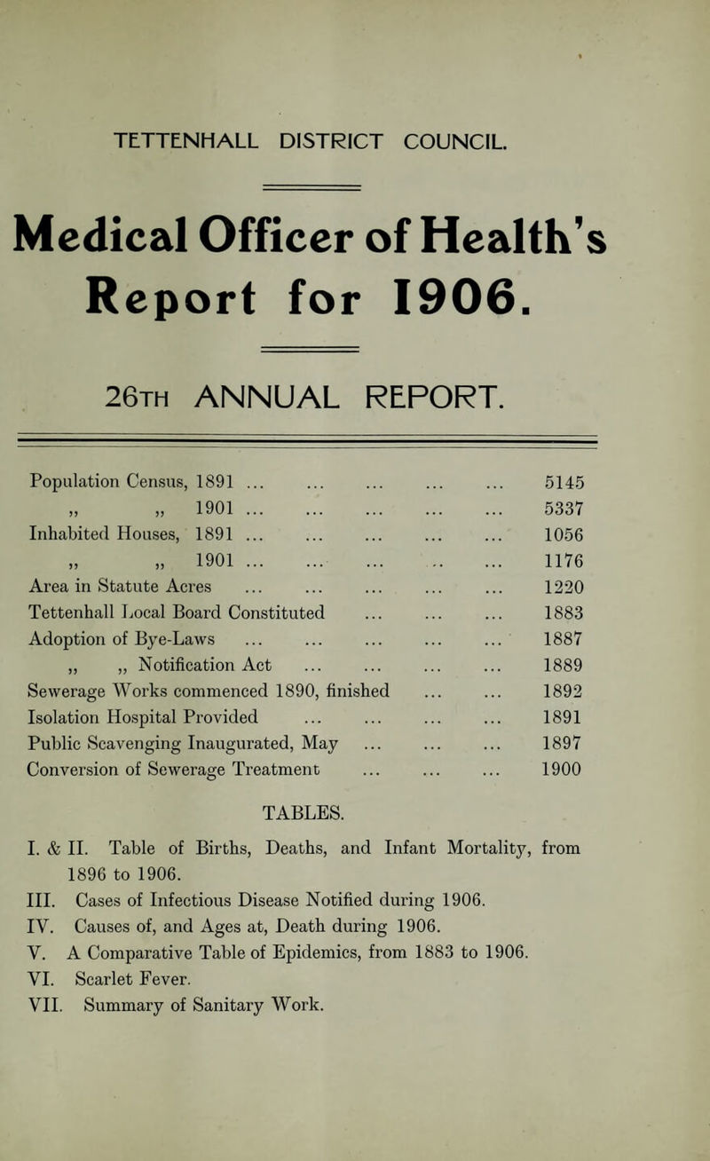 Medical Officer of Health's Report for 1906. 26th ANNUAL REPORT. Population Census, 1891 ... „ „ 1901 . Inhabited Houses, 1891 ... „ „ 1901 . Area in Statute Acres Tettenhall Local Board Constituted Adoption of Bye-Laws ,, „ Notification Act Sewerage Works commenced 1890, finished Isolation Hospital Provided Public Scavenging Inaugurated, May Conversion of Sewerage Treatment 5145 5337 1056 1176 1220 1883 1887 1889 1892 1891 1897 1900 TABLES. I. & II. Table of Births, Deaths, and Infant Mortality, from 1896 to 1906. III. Cases of Infectious Disease Notified during 1906. IV. Causes of, and Ages at, Death during 1906. Y. A Comparative Table of Epidemics, from 1883 to 1906. YI. Scarlet Fever. VII. Summary of Sanitary Work.