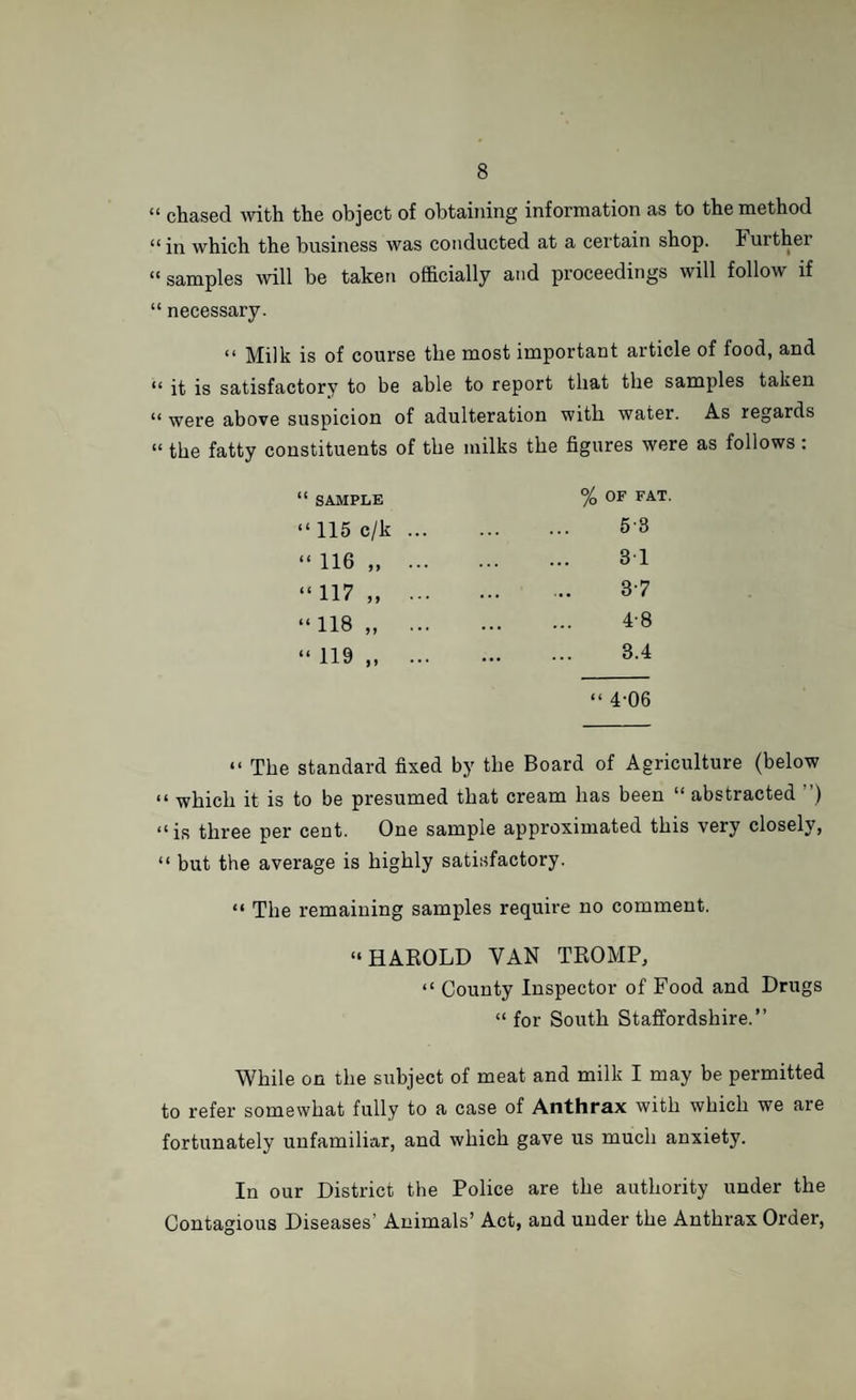 “ chased with the object of obtaining information as to the method “ in which the business was conducted at a certain shop. Further “samples will be taken officially and proceedings will follow if “ necessary. “ Milk is of course the most important article of food, and “ it is satisfactory to be able to report that the samples taken “ -were above suspicion of adulteration with water. As regards “ the fatty constituents of the milks the figures were as follows : °/0 OF FAT. “ SAMPLE 5-8 3 1 37 4-8 3.4 “ 4-06 “ The standard fixed by the Board of Agriculture (below “ which it is to be presumed that cream has been “ abstracted ”) “is three per cent. One sample approximated this very closely, “ but the average is highly satisfactory. “ The remaining samples require no comment. “HAROLD VAN TROMP, “ County Inspector of Food and Drugs “ for South Staffordshire.” While on the subject of meat and milk I may be permitted to refer somewhat fully to a case of Anthrax with which we are fortunately unfamiliar, and which gave us much anxiety. In our District the Police are the authority under the Contagious Diseases’ Animals’ Act, and under the Anthrax Order,