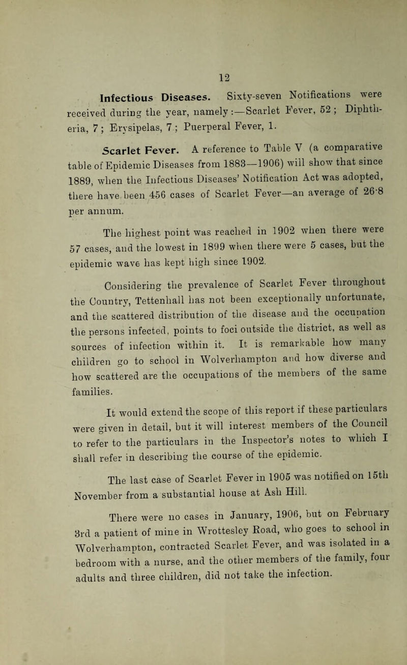 Infectious Diseases. Sixty-seven Notifications were received during the year, namely:—Scarlet Fever, 52; Diphth¬ eria, 7; Erysipelas, 7 ; Puerperal Fever, 1. Scarlet Fever. A reference to Table V (a comparative table of Epidemic Diseases from 1883—1906) will show that since 1889, when the Infectious Diseases’ Notification Act was adopted, there have been 456 cases of Scarlet Fever—an average of 26 8 per annum. The highest point was reached in 1902 when there were 57 cases, and the lowest in 1899 when there were 5 cases, but the epidemic wave has kept high since 1902. Considering the prevalence of Scarlet Fever throughout the Country, Tettenhall has not been exceptionally unfortunate, and the scattered distribution of the disease and the occupation the persons infected, points to foci outside the district, as well as sources of infection within it. It is remarkable how many children go to school in Wolverhampton and how diverse and how scattered are the occupations of the members of the same families. It would extend the scope of this report if these particulars were given in detail, but it will interest members of the Council to refer to the particulars in the Inspector’s notes to which I shall refer in describing the course of the epidemic. The last case of Scarlet Fever in 1905 was notified on 15th November from a substantial house at Ash Hill. There were no cases in January, 1906, but on February 3rd a patient of mine in Wrottesley Road, who goes to school in Wolverhampton, contracted Scarlet Fever, and was isolated in a bedroom with a nurse, and the other members of the family, four adults and three children, did not take the infection.
