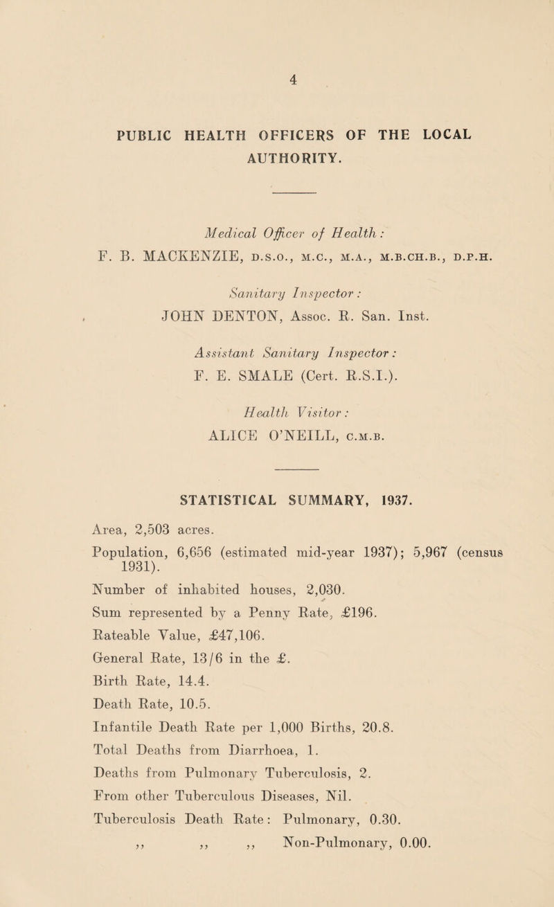 PUBLIC HEALTH OFFICERS OF THE LOCAL AUTHORITY. Medical Officer of Health: F. B. MACKENZIE, d.s.o., m.c., m.a., m.b.ch.b., d.p.h. Sanitary Inspector: JOHN DENTON, Assoc. 11. San. Inst. Assistant Sanitary Inspector: F. E. SMALE (Cert. K.S.I.). Health Visitor : ALICE O’NEILL, c.m.b. STATISTICAL SUMMARY, 1937. Area, 2,503 acres. Population, 6,656 (estimated mid-year 1937); 5,967 (census 1931). Number of inhabited bouses, 2,030. Sum represented by a Penny Rate, £196. Rateable Yalue, £47,106. General Rate, 13/6 in the £. Birth Rate, 14.4. Death Rate, 10.5. Infantile Death Rate per 1,000 Births, 20.8. Total Deaths from Diarrhoea, 1. Deaths from Pulmonary Tuberculosis, 2. From other Tuberculous Diseases, Nil. Tuberculosis Death Rate: Pulmonary, 0.30. ,, ,, ,, Non-Pulmonary, 0.00.