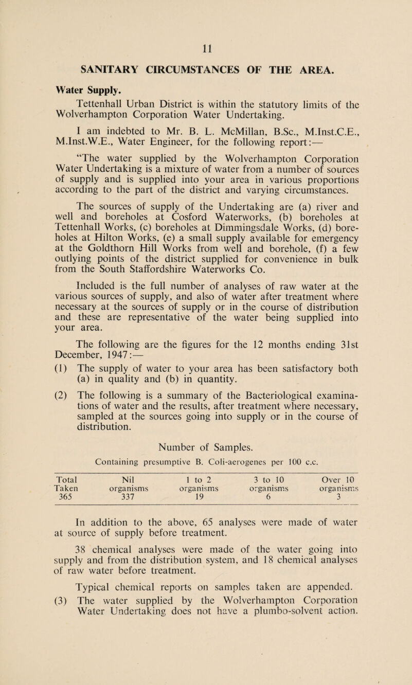 SANITARY CIRCUMSTANCES OF THE AREA. Water Supply. Tettenhall Urban District is within the statutory limits of the Wolverhampton Corporation Water Undertaking. I am indebted to Mr. B. L. McMillan, B.Sc., M.Inst.C.E., M.lnst.W.E., Water Engineer, for the following report:— “The water supplied by the Wolverhampton Corporation Water Undertaking is a mixture of water from a number of sources of supply and is supplied into your area in various proportions according to the part of the district and varying circumstances. The sources of supply of the Undertaking are (a) river and well and boreholes at Cosford Waterworks, (b) boreholes at Tettenhall Works, (c) boreholes at Dimmingsdale Works, (d) bore¬ holes at Hilton Works, (e) a small supply available for emergency at the Goldthorn Hill Works from well and borehole, (f) a few outlying points of the district supplied for convenience in bulk from the South Staffordshire Waterworks Co. Included is the full number of analyses of raw water at the various sources of supply, and also of water after treatment where necessary at the sources of supply or in the course of distribution and these are representative of the water being supplied into your area. The following are the figures for the 12 months ending 31st December, 1947:— (1) The supply of water to your area has been satisfactory both (a) in quality and (b) in quantity. (2) The following is a summary of the Bacteriological examina¬ tions of water and the results, after treatment where necessary, sampled at the sources going into supply or in the course of distribution. Number of Samples. Containing presumptive B. Coli-aerogenes per 100 c.c. Total Nil 1 to 2 3 to 10 Over 10 Taken organisms organisms organisms organisms 365 337 19 6 3 In addition to the above, 65 analyses were made of water at source of supply before treatment. 38 chemical analyses were made of the water going into supply and from the distribution system, and 18 chemical analyses of raw water before treatment. Typical chemical reports on samples taken are appended. (3) The water supplied by the Wolverhampton Corporation Water Undertaking does not have a plumbo-solvent action.