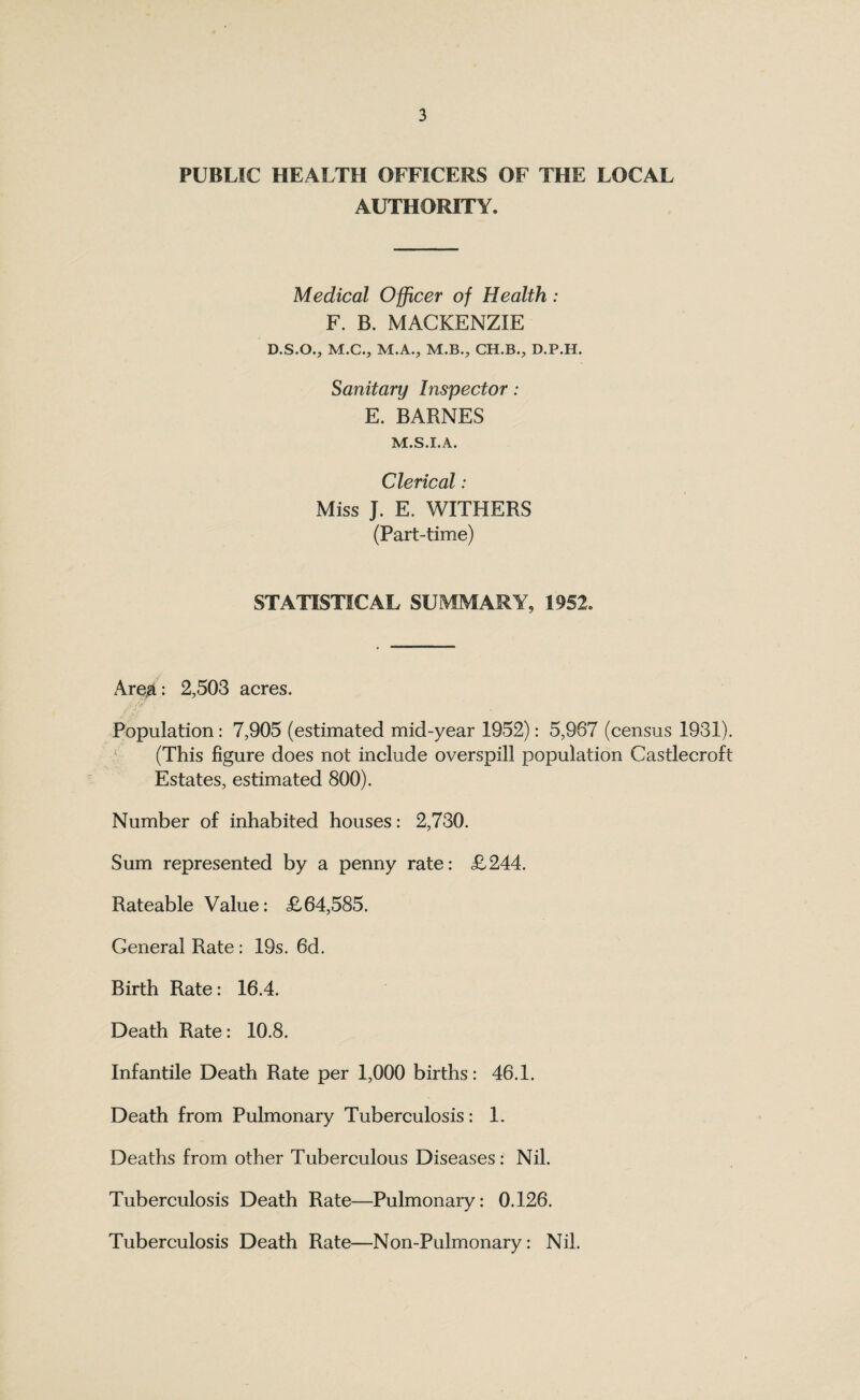 PUBLIC HEALTH OFFICERS OF THE LOCAL AUTHORITY. Medical Officer of Health: F. B. MACKENZIE D.S.O., M.C., M.A., M.B., CH.B., D.P.H. Sanitary Inspector: E. BARNES M.S.I.A. Clerical: Miss J. E. WITHERS (Part-time) STATISTICAL SUMMARY, 1952. Are,a: 2,503 acres. Population: 7,905 (estimated mid-year 1952): 5,967 (census 1931). (This figure does not include overspill population Castlecroft Estates, estimated 800). Number of inhabited houses: 2,730. Sum represented by a penny rate: £244. Rateable Value: £64,585. General Rate : 19s. 6d. Birth Rate: 16.4. Death Rate: 10.8. Infantile Death Rate per 1,000 births: 46.1. Death from Pulmonary Tuberculosis: 1. Deaths from other Tuberculous Diseases: Nil. Tuberculosis Death Rate—Pulmonary: 0.126. Tuberculosis Death Rate—Non-Pulmonary: Nil.