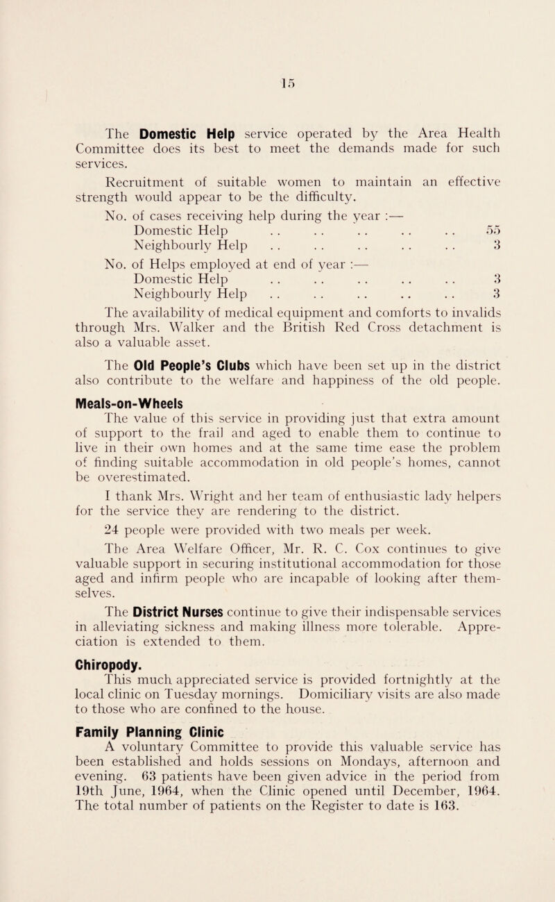 The Domestic Help service operated by the Area Health Committee does its best to meet the demands made for such services. Recruitment of suitable women to maintain an effective strength would appear to be the difficulty. No. of cases receiving help during the year :— Domestic Help . . . . . . . . . . 55 Neighbourly Help . . . . . . . . . . 3 No. of Helps employed at end of year :— Domestic Help . . . . . . .. . . 3 Neighbourly Help . . . . . . . . . . 3 The availability of medical equipment and comforts to invalids through Mrs. Walker and the British Red Cross detachment is also a valuable asset. The Old People’s Clubs which have been set up in the district also contribute to the welfare and happiness of the old people. Meals-on-Wheels The value of this service in providing just that extra amount of support to the frail and aged to enable them to continue to live in their own homes and at the same time ease the problem of finding suitable accommodation in old people’s homes, cannot be overestimated. I thank Mrs. Wright and her team of enthusiastic lady helpers for the service they are rendering to the district. 24 people were provided with two meals per week. The Area Welfare Officer, Mr. R. C. Cox continues to give valuable support in securing institutional accommodation for those aged and infirm people who are incapable of looking after them¬ selves. The District Nurses continue to give their indispensable services in alleviating sickness and making illness more tolerable. Appre¬ ciation is extended to them. Chiropody. This much appreciated service is provided fortnightly at the local clinic on Tuesday mornings. Domiciliary visits are also made to those who are confined to the house. Family Planning Clinic A voluntary Committee to provide this valuable service has been established and holds sessions on Mondays, afternoon and evening. 63 patients have been given advice in the period from 19th June, 1964, when the Clinic opened until December, 1964. The total number of patients on the Register to date is 163.
