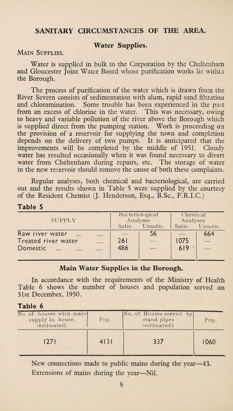 SANITARY CIRCUMSTANCES OF THE AREA. Water Supplies. Main Supplies. Water is supplied in bulk to the Corporation by the Cheltenham and Gloucester Joint Water Board whose purification works lie within the Borough, The process of purification of the water which is drawn from the River Severn consists of sedimentation with alum, rapid sand filtration and chloramination. Some trouble has been experienced in the past from an excess of chlorine in the water. This was necessary, owing to heavy and variable pollution of the river above the Borough which is supplied direct from the pumping station. Work is proceeding on the provision of a reservoir for supplying the town and completion depends on the delivery of two pumps. It is anticipated that the improvements will be completed by the middle of 1951. Cloudy water has resulted occasionally when it was found necessary to divert water from Cheltenham during repairs, etc. The storage of water in the new reservoir should remove the cause of both these complaints. Regular analyses, both chemical and bacteriological, are carried out and the results shown in Table 5 were supplied by the courtesy of the Resident Chemist (J. Henderson, Esq., B.Sc., F.R.I.C.) Table 5 SUPPLY Bacteriological Analyses Satis. Unsatis. Chemical Analyses Satis. Unsatis. Raw river water — 56 — 664 Treated river water 261 — 1075 — Domestic 486 — 619 ’ -- Main Water Supplies in the Borough. In accordance with the requirements of the Ministry of Health Table 6 shows the number of houses and population served on 31st December, 1950. Table 6 No of houses with main No. of Houses served by supply in house. Pop. stand pipes Pop. (estimated) (estimated) 127! 4131 337 1060 New connections made to public mains during the year—43. Extensions of mains during the year—Nil.