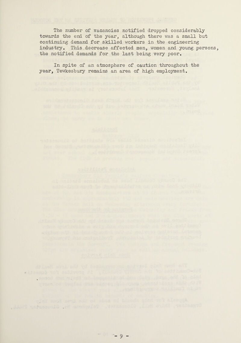The number of vacancies notified dropped considerably tov/ards the end of the year, although there was a small but continuing demand for skilled workers in the engineering industry. This.decrease affected men, vromen and young persons, the notified demands for the last being very poor. In spite of an atmosphere of caution throughout the year, Tewkesbury remains an area of high employment.