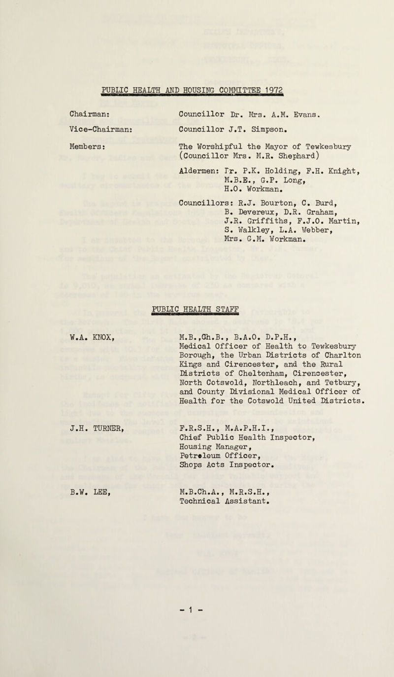 PUBLIC HEALTH MD HOUSING COMMITTEB 1972 Chairman: Vice-Chairman: Members: W.A. KNOX, J.H. TURNER, B.¥. LEE, Councillor Dr. T^Irs. A.M. Evans. Councillor J.T. Simpson. The Worshipful the Mayor of Tewkesbury (Councillor Mrs, M.R. Shephard) Aldermen: Ir. P.K. Holding, P.H. Knight, M.B.E., G.P. Long, H.O. Workman, Councillors: R.J. Bourton, C, Burd, B, Devereux, D.R. Graham, J.R. Griffiths, P.J.O. Martin, S. Walkley, L.A. Webber, Mrs, G,M. Workman, PUBLIC HEALTH STAFF M.B•,Ch.B., B,A,0, D.P,H«, Medical Officer of Health to Tewkesbury Borough, the Urban Districts of Charlton Kings and Cirencester, and the Rural Districts of Cheltenham, Cirencester, North Cotswold, Northleach, and Tetbury, and County Divisional Medical Officer of Health for the Cotswold United Districts, P.R.S.H., M.A.P.H.I., Chief Public Health Inspector, Housing Manager, Petroleum Officer, Shops Acts Inspector, M.B.Ch.A., M.R.S.H., Technical Assistant, - 1 -