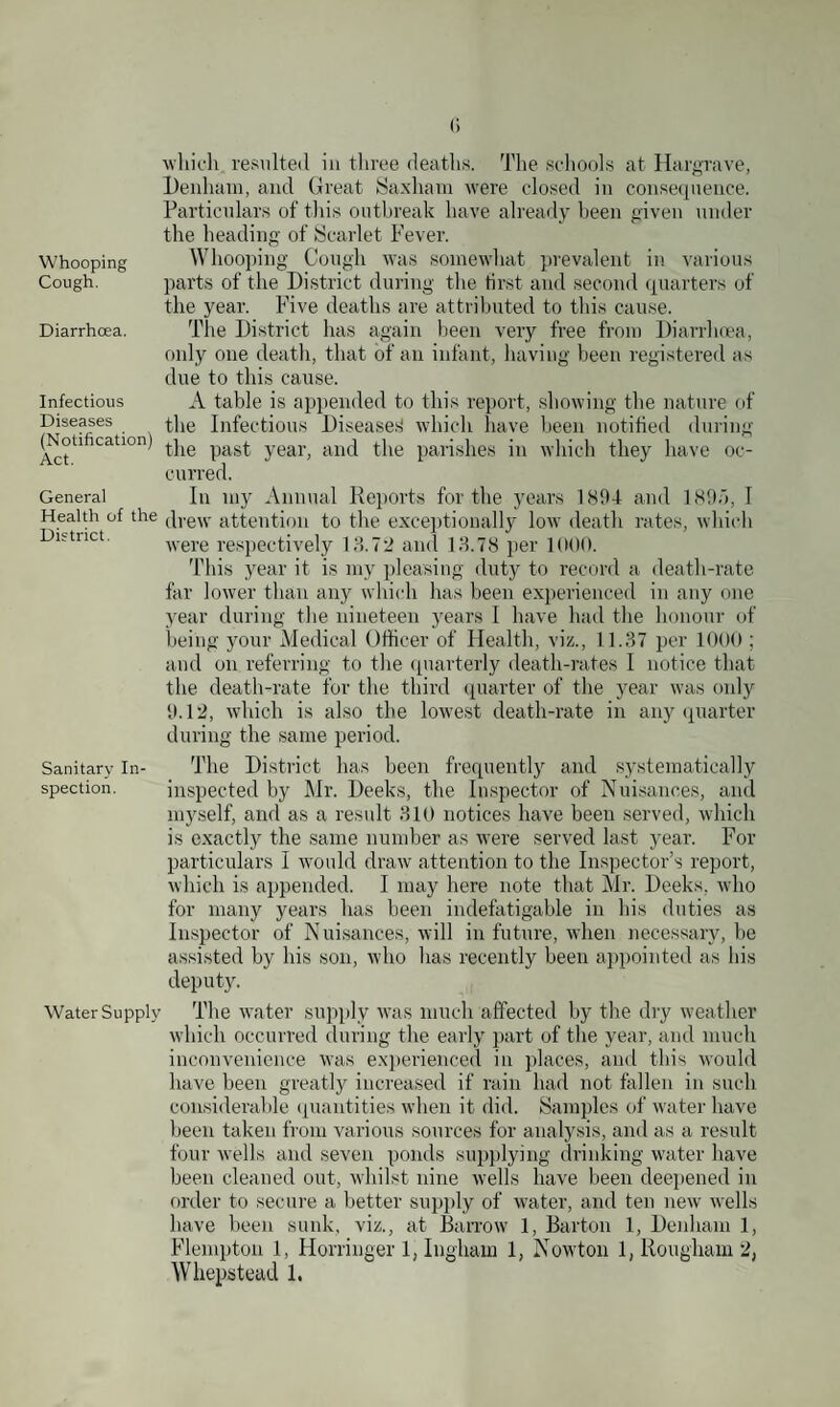 li Whooping Cough. Diarrhoea. Infectious Diseases (Notification) Act. General Health of the District. Sanitary In¬ spection. Water Supply which resulted in three deaths. The schools at Hargrave, Denham, and Great Saxham were closed in consequence. Particulars of this outbreak have already been given under the heading of Scarlet Fever. Whooping Cough was somewhat prevalent in various parts of the District during the tirst and second quarters of the year. Five deaths are attributed to this cause. The District has again been very free from Diarrhoea, only one death, that of an infant, having been registered as due to this cause. A table is appended to this report, showing the nature of the Infectious Diseased which have been notified during the past year, and the parishes in which they have oc¬ curred. In my Annual Reports for the years 1894 and ]89o, I drew attention to the exceptionally low death rates, which were respectively 13.72 and 13.78 per 1000. This year it is my pleasing duty to record a death-rate far lower than any which has been experienced in any one year during the nineteen years I have had the honour of being your Medical Officer of Health, viz., 11.37 per 1000 ; and on referring to the quarterly death-rates 1 notice that the death-rate for the third quarter of the year was only 9.12, which is also the lowest death-rate in any quarter during the same period. The District has been frequently and systematically inspected by Mr. Deeks, the Inspector of Nuisances, and myself, and as a result 310 notices have been served, which is exactly the same number as were served last year. For particulars I would draw attention to the Inspector’s report, which is appended. I may here note that Mr. Deeks, who for many years has been indefatigable in his duties as Inspector of Nuisances, will in future, when necessary, be assisted by his son, who has recently been appointed as his deputy. The water supply was much affected by the dry weather which occurred during the early part of the year, and much inconvenience was experienced in places, and this would have been greatly increased if rain had not fallen in such considerable quantities when it did. Samples of water have been taken from various sources for analysis, and as a result four wells and seven ponds supplying drinking water have been cleaned out, whilst nine wells have been deepened in order to secure a better supply of water, and ten new wells have been sunk, viz., at Barrow 1, Barton 1, Denham 1, Flempton 1, Horringer 1, Ingham 1, Nowton 1, Rougham 2,