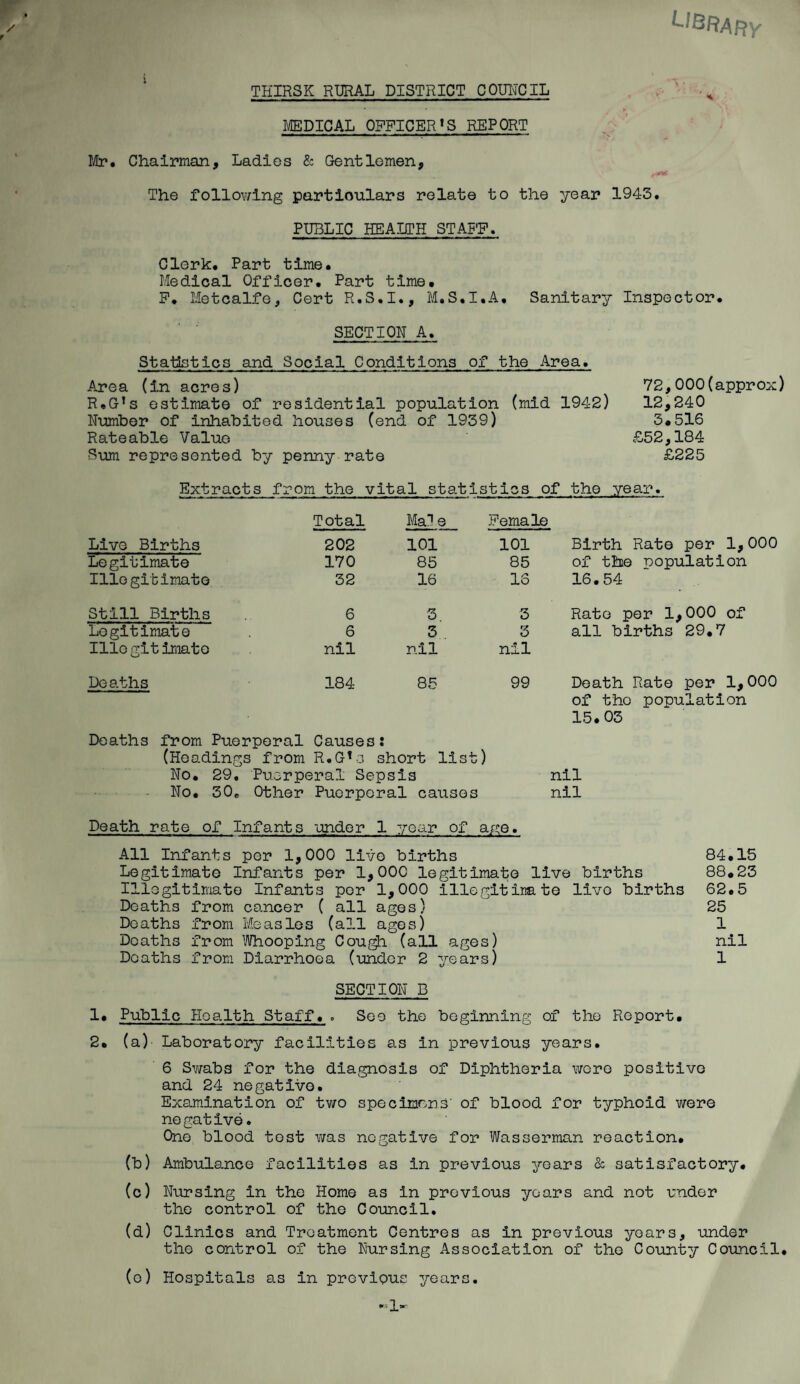 library y r THIRSK RURAL DISTRICT C QUITO IL * • t MEDICAL OFFICER»S REPORT Mr. Chairman, Ladies & Gentlemen, The following particulars relate to the year 1943. PUBLIC HEALTH STAFF. Clerk. Part time. Medical Officer. Part time. F. Metcalfe, Cert R.S.I., M.S.I.A. Sanitary Inspector. SECTION A. Statistics and Social Conditions of the Area. Area (in acres) R.GTs estimate of residential population (mid 1942) Number of inhabited houses (end of 1939) Rateable Value Sum represented by penny rate 72,000(approx) 12,240 3.516 £52,184 £225 Extracts from the vital statistics of the year. Total Ma*1 e Female Live Births 202 101 101 Birth Rate per 1,000 Legitimate 170 85 85 of the population Illegitimate 32 16 13 16.54 Still Births 6 3 3 Rate per 1,000 of Legitimate 6 3 3 all births 29.7 Illegitimate nil nil nil Deaths 184 85 99 Death Rate per 1,000 of the population 15.03 Deaths from Puerperal Causes • • (Headings from R.G»s short list ) No. 29. Puerperal Sepsi3 nil No. 30e Other Puerperal causes nil Death rate of Infants under 1 year of All Infants per 1,000 live births 84.15 Legitimate Infants per 1,000 legitimate live births 88.23 Illegitimate Infants per 1,000 illegitin&te live births 62.5 Deaths from cancer ( all ages) 25 Deaths from Measles (all ages) 1 Deaths from Whooping Cough (all ages) nil Deaths from Diarrhoea (under 2 years) 1 SECTION B 1. Public Health Staff. . See the beginning of the Report. 2. (a) Laboratory facilities as in previous years. 6 Swabs for the diagnosis of Diphtheria were positive and 24 negative. Examination of two specimens' of blood for typhoid were negative. One blood tost was negative for Wasserman reaction. (b) Ambulance facilities as in previous years & satisfactory. (c) Nursing in the Home as in previous years and not under the control of the Council. (d) Clinics and Treatment Centres as in previous years, under the control of the Pursing Association of the County Council. (o) Hospitals as in previous years.