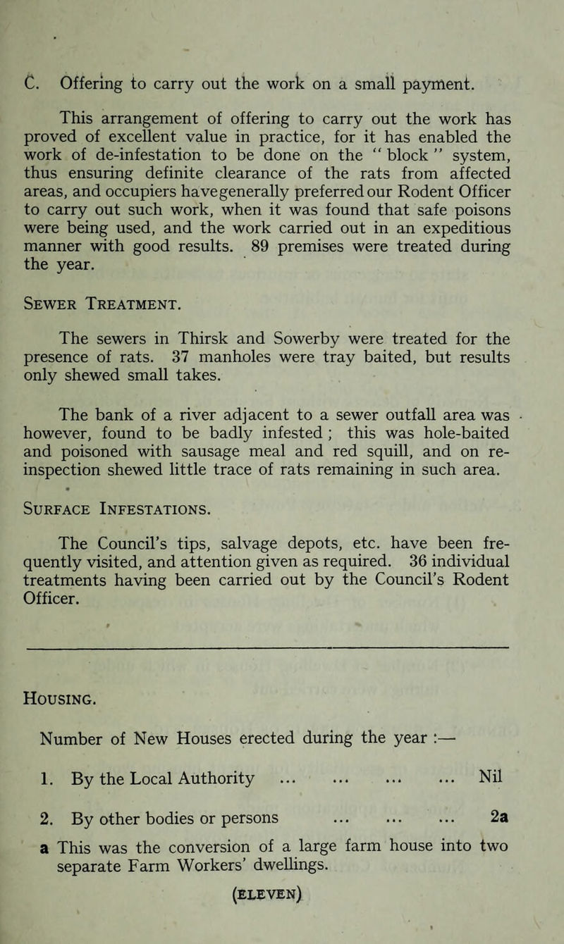 C. Offering to carry out the work on a small payment. This arrangement of offering to carry out the work has proved of excellent value in practice, for it has enabled the work of de-infestation to be done on the “ block ” system, thus ensuring definite clearance of the rats from affected areas, and occupiers have generally preferred our Rodent Officer to carry out such work, when it was found that safe poisons were being used, and the work carried out in an expeditious manner with good results. 89 premises were treated during the year. Sewer Treatment. The sewers in Thirsk and Sowerby were treated for the presence of rats. 37 manholes were tray baited, but results only shewed small takes. The bank of a river adjacent to a sewer outfall area was • however, found to be badly infested ; this was hole-baited and poisoned with sausage meal and red squill, and on re¬ inspection shewed little trace of rats remaining in such area. Surface Infestations. The Council’s tips, salvage depots, etc. have been fre¬ quently visited, and attention given as required. 36 individual treatments having been carried out by the Council’s Rodent Officer. Housing. Number of New Houses erected during the year :— 1. By the Local Authority . Nil 2. By other bodies or persons . 2a a This was the conversion of a large farm house into two separate Farm Workers’ dwellings. (eleven)