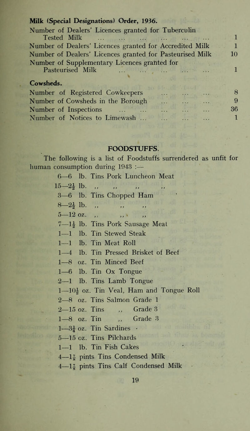 Milk (Special Designations) Order, 1936. Number of Dealers’ Licences granted for Tuberculin Tested Milk ... ... ... ... ... ... 1 Number of Dealers’ Licences granted for Accredited Milk 1 Number of Dealers’ Licences granted for Pasteurised Milk 10 Number of Supplementary Licences granted for Pasteurised Milk ,.. ... ... ... ... 1 Cowsheds. Number of Registered Cowkeepers ... ... ... 8 Number of Cowsheds in the Borough ... ... ... 9 Number of Inspections ... ... ... ... ... 36 Number of Notices to Limewash ... ... ... ... 1 FOODSTUFFS. The following is a list of Foodstuffs surrendered as unfit for human consumption during 1943 :— 6— 6 lb. Tins Pork Luncheon Meat 15—2J lb. ,, 3— 6 lb. Tins Chopped Ham 8—2i lb. „ 5—12 oz. ,, 7— 1J lb. Tins Pork Sausage Meal 1—1 lb. Tin Stewed Steak 1—1 lb. Tin Meat Roll 1—4 lb. Tin Pressed Brisket of Beef 1—8 oz. Tin Minced Beef 1— 6 lb. Tin Ox Tongue 2— 1 lb. Tins Lamb Tongue 1— 10| oz. Tin Veal, Ham and Tongue Roll 2— 8 oz. Tins Salmon Grade 1 2—15 oz. Tins ,, Grade 3 1—8 oz. Tin ,, Grade 3 1—3£ oz. Tin Sardines • 5—15 oz. Tins Pilchards 1—1 lb. Tin Fish Cakes 4— 1| pints Tins Condensed Milk 4—1| pints Tins Calf Condensed Milk