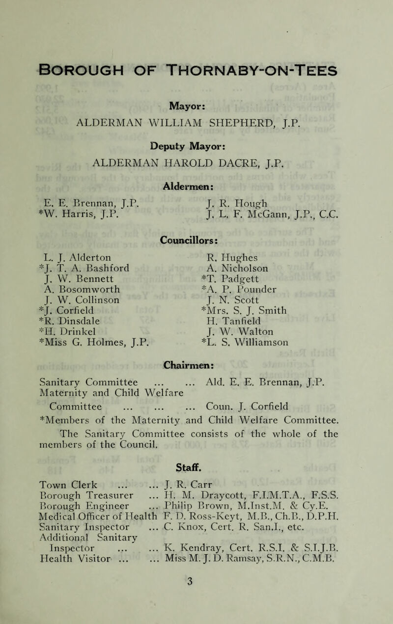 Mayor: ALDERMAN WILLIAM SHEPHERD, J.P. Deputy Mayor: ALDERMAN HAROLD DACRE, J.P. Aldermen: E. E. Brennan, J.P. J. R. Hough *W. Harris, J.P. J. L. F. McGann, J.P., C.C. Councillors: R. Hughes A. Nicholson *T. Padgett *A. P. Pounder J. N. Scott *Mrs. S. J. Smith H. Tan field J. W. Walton *L. S. Williamson Chairmen: Sanitary Committee ... ... Aid. E. E. Brennan, J.P. Maternity and Child Welfare Committee ... ... ... Coun. J. Corfield ^Members of the Maternity and Child Welfare Committee. The Sanitary Committee consists of the whole of the members of the Council. L. J. Alderton *J. T. A. Bashford J. W. Bennett A. Bosomworth J. W. Collinson *J. Corfield *R. Dinsdale *H. Drinkel *Miss G. Holmes, J.P. Staff. Town Clerk ... ... J. R. Carr Borough Treasurer ... H. M. Draycott, F.I.M.T.A., F.S.S. Borough Engineer ... Philip Brown, M.Inst.M. & Cy.E. Medical Officer of Health F. D. Ross-Kcyt, M.B., Ch.B., D.P.H. Sanitary Inspector ... C. Knox, Cert. R. San.I., etc. Additional Sanitary Inspector ... ... K. Kendray, Cert. R.S.I. & S.I.J.B. Health Visitor ... ... Miss M. J. D. Ramsay, S.R.N., C.M.B.