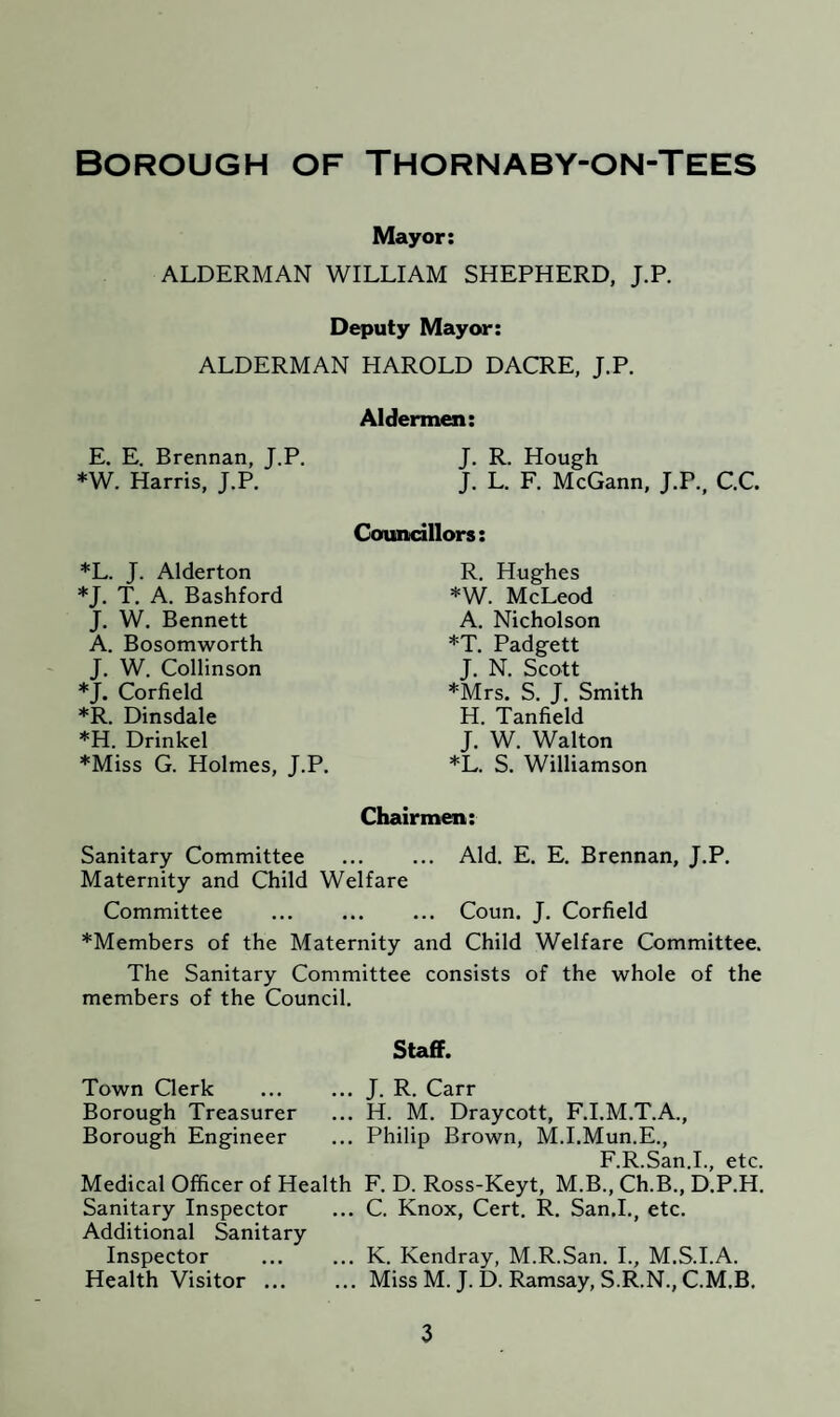 Mayor: ALDERMAN WILLIAM SHEPHERD, J.P. Deputy Mayor: ALDERMAN HAROLD DACRE, J.P. Aldermen: E. E. Brennan, J.P. J. R. Hough *W. Harris, J.P. J. L. F. McGann, J.P., C.C. Councillors: R. Hughes *W. McLeod A. Nicholson *T. Padgett J. N. Scott *Mrs. S. J. Smith H. Tanfield J. W. Walton *L. S. Williamson Chairmen: Sanitary Committee ... ... Aid. E. E. Brennan, J.P. Maternity and Child Welfare Committee ... ... ... Coun. J. Corfield *Members of the Maternity and Child Welfare Committee. The Sanitary Committee consists of the whole of the members of the Council. *L. J. Alderton *J. T. A. Bashford J. W. Bennett A. Bosomworth J. W. Collinson *J. Corfield *R. Dinsdale *H. Drinkel *Miss G. Holmes, J.P. Staff. Town Clerk ... ... J. R. Carr Borough Treasurer ... H. M. Draycott, F.I.M.T.A., Borough Engineer ... Philip Brown, M.I.Mun.E., F.R.San.I., etc. Medical Officer of Health F. D. Ross-Keyt, M.B., Ch.B., D.P.H. Sanitary Inspector ... C. Knox, Cert. R. San.I., etc. Additional Sanitary Inspector ... ... K. Kendray, M.R.San. I., M.S.I.A. Health Visitor ... ... Miss M. J. D. Ramsay, S.R.N., C.M.B.