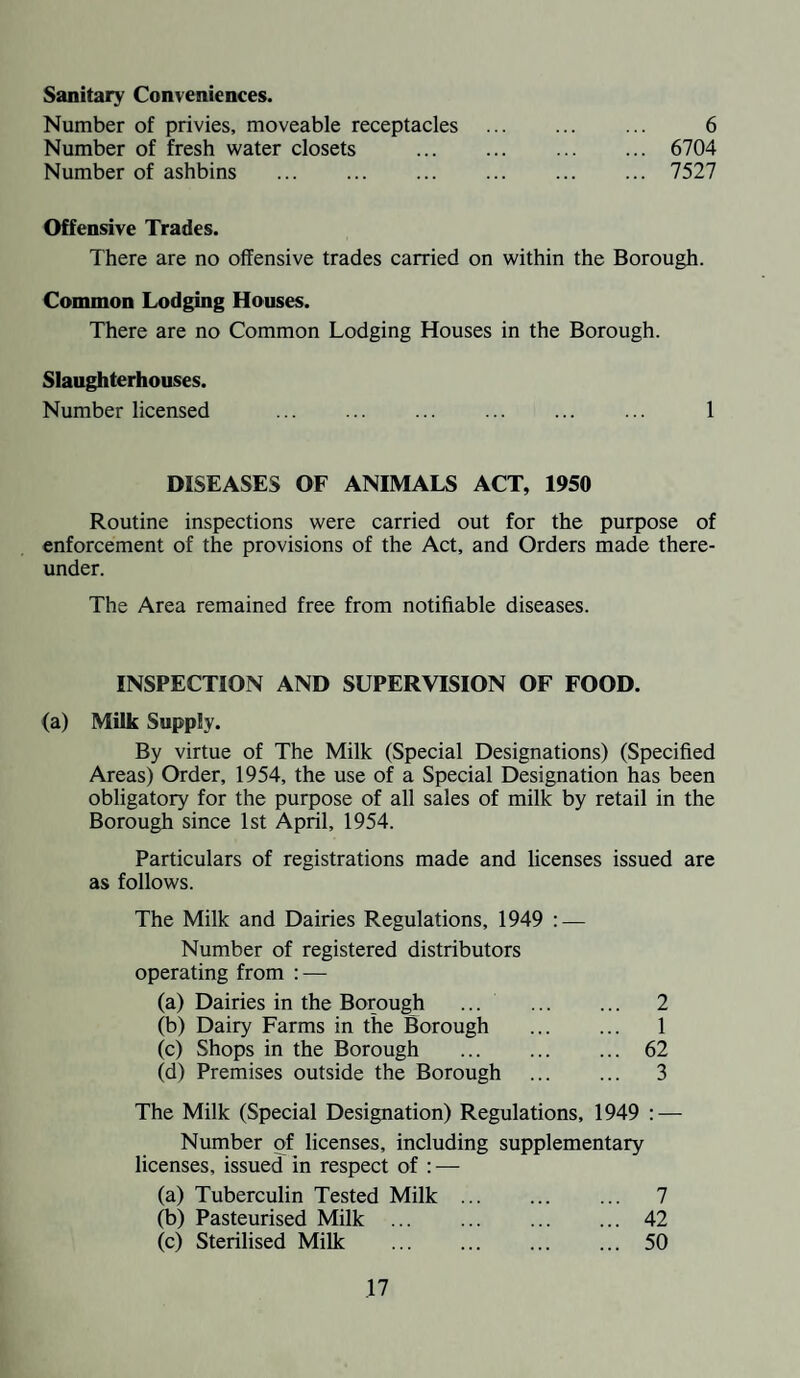 Sanitary Conveniences. Number of privies, moveable receptacles . 6 Number of fresh water closets . 6704 Number of ashbins . 7527 Offensive Trades. There are no offensive trades carried on within the Borough. Common Lodging Houses. There are no Common Lodging Houses in the Borough. Slaughterhouses. Number licensed ... ... ... ... ... ... 1 DISEASES OF ANIMALS ACT, 1950 Routine inspections were carried out for the purpose of enforcement of the provisions of the Act, and Orders made there¬ under. The Area remained free from notifiable diseases. INSPECTION AND SUPERVISION OF FOOD. (a) Milk Supply. By virtue of The Milk (Special Designations) (Specified Areas) Order, 1954, the use of a Special Designation has been obligatory for the purpose of all sales of milk by retail in the Borough since 1st April, 1954. Particulars of registrations made and licenses issued are as follows. The Milk and Dairies Regulations, 1949 : — Number of registered distributors operating from : — (a) Dairies in the Borough ... . 2 (b) Dairy Farms in the Borough . 1 (c) Shops in the Borough . 62 (d) Premises outside the Borough . 3 The Milk (Special Designation) Regulations, 1949 : — Number of licenses, including supplementary licenses, issued in respect of : — (a) Tuberculin Tested Milk. 7 (b) Pasteurised Milk .42 (c) Sterilised Milk .50