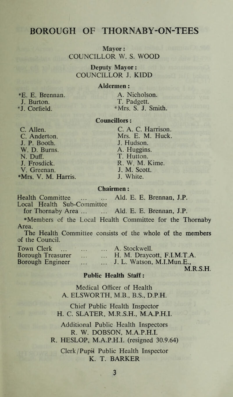 Mayor: COUNCILLOR W. S. WOOD Deputy Mayor: COUNCILLOR J. KIDD Aldermen: A. Nicholson. T. Padgett. *Mrs. S. J. Smith. Councillors: *E. E. Brennan. J. Burton. *J. Corfield. C. Allen. C. Anderton. J. P. Booth. W. D. Bums. N. Duff. J. Frosdick. V. Greenan. *Mrs. V. M. Harris. C. A. C. Harrison. Mrs. E. M. Huck. J. Hudson. A. Huggins. T. Hutton. R. W. M. Kime. J. M. Scott. J. White. Chairmen: Health Committee . Aid. E. E. Brennan, J.P. Local Health Sub-Committee for Thornaby Area. Aid. E. E. Brennan, J.P. ♦Members of the Local Health Committee for the Thornaby Area. The Health Committee consists of the whole of the members of the Council. Town Clerk . A. Stockwell. Borough Treasurer . H. M. Draycott, F.I.M.T.A. Borough Engineer . J. L. Watson, M.I.Mun.E., M.R.S.H. Public Health Staff: Medical Officer of Health A. ELSWORTH, M.B., B.S., D.P.H. Chief Public Health Inspector H. C. SLATER, M.R.S.H., M.A.P.H.I. Additional Public Health Inspectors R. W. DOBSON, M.A.P.H.I. R. HESLOP, M.A.P.H.I. (resigned 30.9.64) Clerk/Pupil Public Health Inspector K. T. BARKER