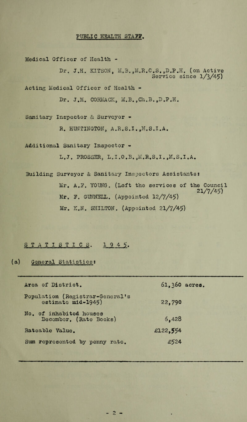PUBLIC HEALTH STAffff. Medical Officer of Health - Dr, J.H. KITSON, M.B.,M.R.C.S,,D.P.H. (on Active Service since 1/3/45) Acting Medical Officer of Health - Dr. J.M. CORMACK, M.B. ,Ch.B. ,D .P.H, Sanitary Inspector & Surveyor - R. HUNTINGTON, A.R.S.I.,M,S.I.A. Additional Sanitary Inspector - L.J. PROSSER, L.I.O.B.,M.R.S,I.,M.S.I,A. Building Surveyor & Sanitary Inspectors Assistants: Mr, A.B. YOUNG. (Left the services of the Council 21/7/45) Mr, P. GUNNELL. (Appointed 12/7/45) Mr. K.N. SHILTON. (Appointed 21/7/45) S T A T I. S T I C S. 1 9 4 5, (a) General Statistics: Area of District. Population (Registrar-General’s estimate mid-1945) No. of inhabited houses December, (Rate Books) Rateable Value. Sum represented by penny rate. 61,360 acres. 22,790 6,428 £122,554 £524 2 -