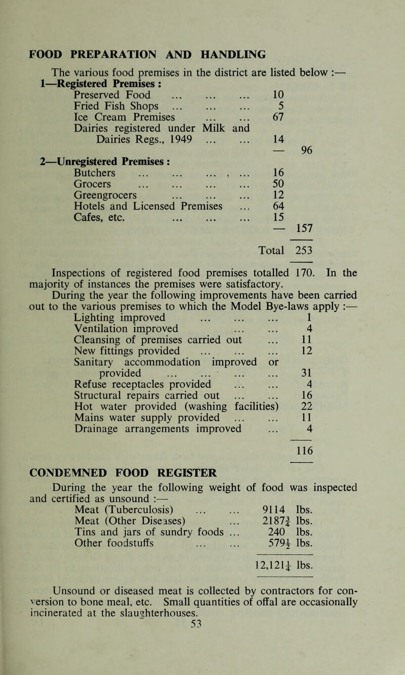The Surveyors' branch of the department is finding its time more and more occupied with the maintenance of Council houses and the provision of additional facilities to the older Council houses, involving the replacement of defective tarmacadam paths with concrete paths, external painting, provision of mains water supply, installation of electricity, main drainage and general day to day repairs. With the easing of building licensing restrictions, there has, naturally, been additional duties in connection with the enforce¬ ment of building bye-laws. In this latter connection, it must be recorded that new building bye-laws have been adopted and con¬ firmed by the Minister. The effective work of pests destruction has continued, but was to a certain extent curtailed by the lack of staff. The absence of one employee through illness, resignations and the delay and difficulty in obtaining replacement staff, has caused inconvenience and thrown extra work on to the officers continuing in the Council’s service. The office accommodation problem referred to in my last report has now been overcome for the time .being. The staff of the department are keen and the team spirit is very much in evidence. This very brief resume of the general position, together with the following detailed report will, I hope, confirm my claim of the considerable progress which is being made in the district. 34
