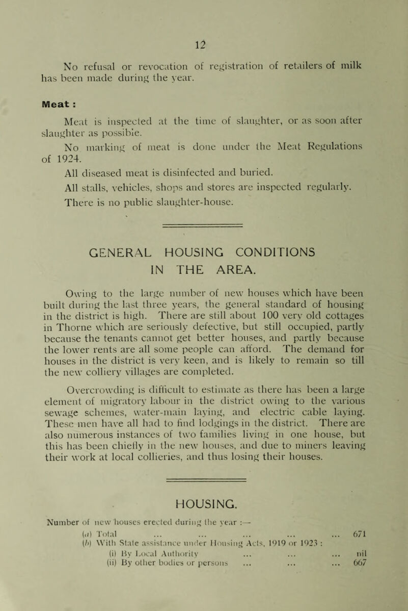 No refusal or revocation of registration of retailers of milk has been made during the year. Meat : Meat is inspected at the time of slaughter, or as soon after slaughter as possible. No marking of meat is done under the Meat Regulations of 1924. All diseased meat is disinfected and buried. All stalls, vehicles, shops and stores are inspected regularly. There is no public slaughter-house. GENERAL HOUSING CONDITIONS IN THE AREA. Owing to the large number of new houses which have been built during the last three years, the general standard of housing in the district is high. There are still about 100 very old cottages in Thorne which are seriously defective, but still occupied, partly because the tenants cannot get better houses, and partly because the lower rents are all some people can afford. The demand for houses in the district is very keen, and is likely to remain so till the new colliery villages are completed. Overcrowding is difficult to estimate as there has been a large element of migratory labour in the district owing to the various sewage schemes, water-main laying, and electric cable laying. These men have all had to find lodgings in the district. There are also numerous instances of two families living in one house, but this has been chieily in the new houses, and due to miners leaving their work at local collieries, and thus losing their houses. HOUSING. Number of new houses erected during the year :— (<i) Total 671 (/>) With Stale assistance under Housing Acts, 1919 or 1923 : (i) By Local Authority (ii) By other bodies or persons nil 667