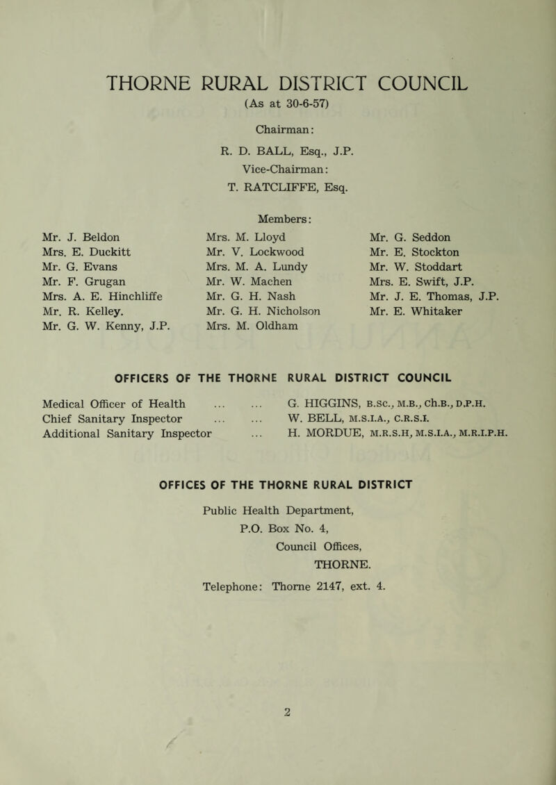 Public Health Department, P.O. Box No. 4, Council Offices, THORNE. August, 1957. To: The Chairman and Members of the Thorne Rural District Council. Mr. Chairman, Ladies and Gentlemen, I have the honour to submit for your consideration the Annual Report on the health conditions of your district for the year ending 31st December, 1956. The Vital Statistics continue to be reasonably satisfactory. The birth rate con¬ tinues to be very high compared with the national average; during the year there were 763 live births giving a rate of 22.6 per 1,000 population compared with the rate for England and Wales of 15.7. The deaths during the year amounted to 289, giving a crude death rate of 8.6 per 1,000 population compared with the national average of 11.7. The number of infant deaths during the year amounted to 29, an increase of 6 compared with the previous year. The figure gives an infant mortality rate of 38 per 1,000 live births compared with the national average of 23.8. Although this figure is disappointing, examination of the tables in the report shows that 20 of the deaths occurred during the first 4 weeks of life and the great majority of these were due to conditions beyond control at the present time. The epidemic of sonne dysentery mentioned in the report of last year continued well into 1956 during which a further 565 cases occurred. The year was noteworthy in that vaccine became available for use against polio¬ myelitis—by the end of the year 168 children had received the benefit of this pro¬ tection. This report would be incomplete were I not to mention the energy and loyalty of my office staff, in particular my chief clerk who has been responsible for compiling the statistical data. I am, Your obedient servant, G. HIGGINS, Medical Officer of Health.