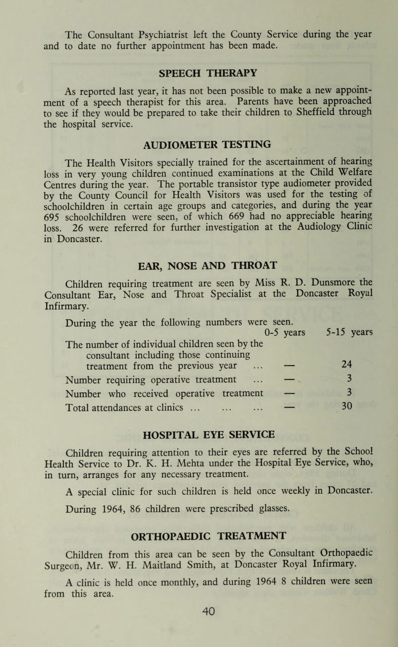 POLIOMYELITIS VACCINATION Fortunately no cases of poliomyelitis occurred during 1964 and although immunisation against the disease continued throughout the year when some 1063 doses of oral vaccine were given, I consider that the teenagers and persons up to forty years of age have not taken advantage of the protection afforded through the Health Authority and General Practitioner Services. Little heed appears to be taken of advertising, and much needs to be done to stimulate interest and draw their attention to the dangers in which they place not only themselves but relatives, friends and neighbours in the event of an outbreak of the disease which strikes with little or no warning, and only by constant and continued immunisation of the com¬ munity can the disease be kept under control. The advantage of the oral vaccine is that it has no side effects to the patient, no discomfort when given, and can be given to persons who have already received the Salk vaccine. Details of Salk and Oral vaccine administered during the year are as follows: Persons who Received 3rd Oral Dose Primary Immunisation Children born during 1964 ... ... ... ... ... 85 Children born during 1963 . 368 Children and Young Persons born 1962-1943 . 226 Young Persons born 1942-1933 ... ... ... ... 17 Others ... ... ... ... ... ... ... 13 709 Reinforcing or Booster Doses Persons given oral vaccine after— (a) 2nd Salk injection ... ... ... ... ... 16 (b) 3rd Salk injection or 3rd oral dose or 2nd Salk injection plus 2 oral doses 238 254 B.C.G. VACCINATION OF SCHOOL CHILDREN B.C.G. vaccination against tuberculosis is available under the County Council scheme. During the year no vaccinations were done due to the authorised Medical Officer retiring, from the service.