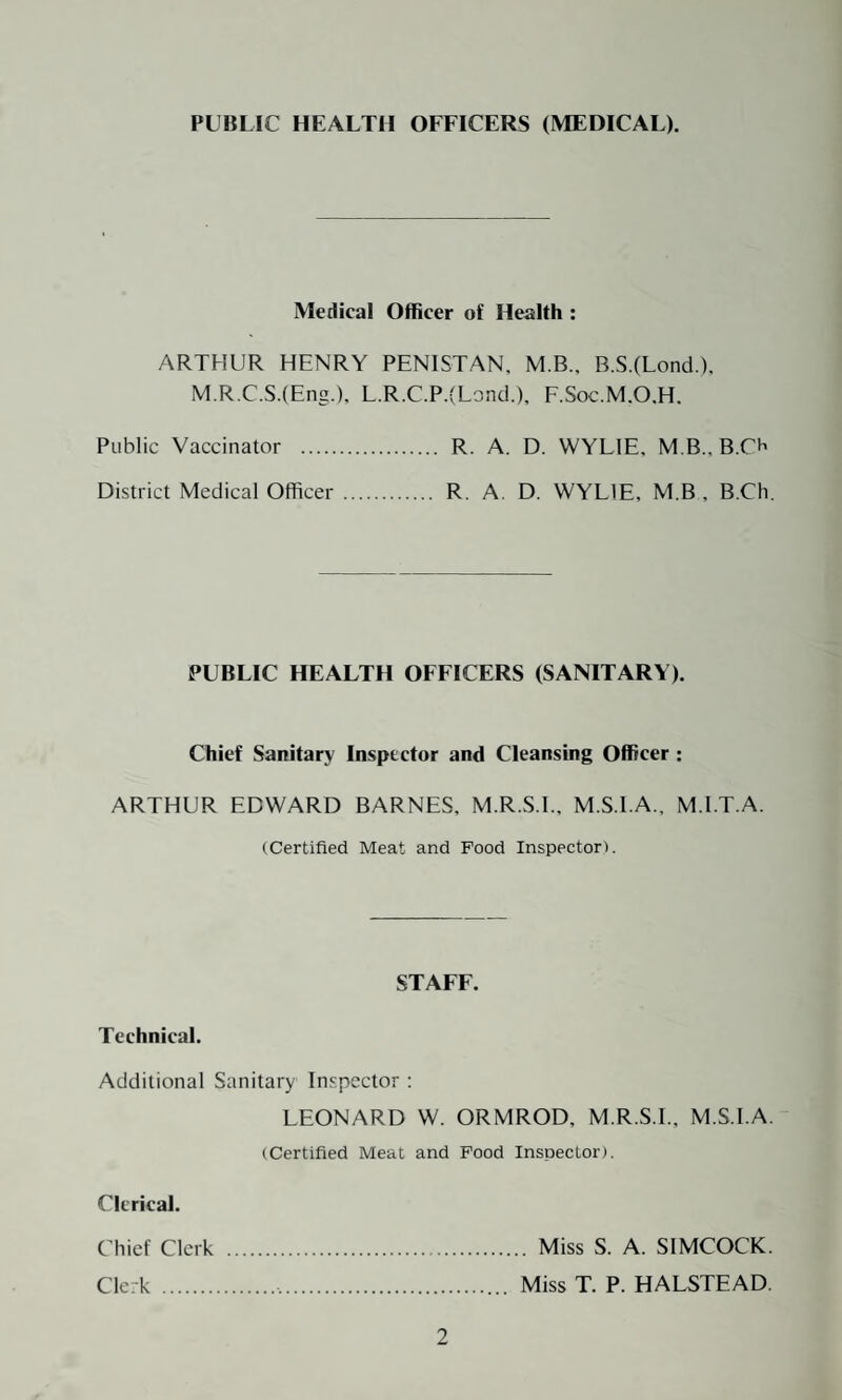 CAUSES OF DEATH. Males. Females. Total. All causes . .... 127 ... 109 ... 236 Acute polio-myelitis . 1 ... — 1 Influenza . 1 1 2 Tuberculosis of Respiratory System 5 — 5 Other forms of Tuberculosis . — — —J Cancer . 11 13 ... 24 Diabetes . — 1 1 Intercranial Vascular lesions. ... 12 17 ... 29 Heart Disease . .. 54 ... 49 ... 103 Other Circulatory Diseases . 1 3 4 Bronchitis . ... 10 1 ... 11 Pneumonia (all forms) . 2 4 6 Other Respiratory Diseases . 1 — 1 Ulcer of Stomach or Duodenum... — — — Other Digestive Diseases . 2 4 6 Maternal Causes . — f- — Premature Birth . ... — ... — Con. mal. birth inj. infant dis. 6 — 6 Nephritis . 1 1 2 Suicide . — 2 1 Road Traffic Accidents . 3 — 3 Other violent causes . 3 1 4 Diarrhoea (under 2 years) . — — — Syphilitic Diseases . 2 1 3 All other causes . 12 ... 11 ... 23 Death Rate per 1,000 of 127 ... 109 the Population for: ... 236 (1) Influenza . 0.12 (2) Respiratory Diseases . 1.14 (3) Pneumonia (all forms) . 0.38 (4) Tuberculosis—Pulmonary . 0.31 (5) Tuberculosis—Non-Pulmonary . Nil (6) Cancer . 1.52 13