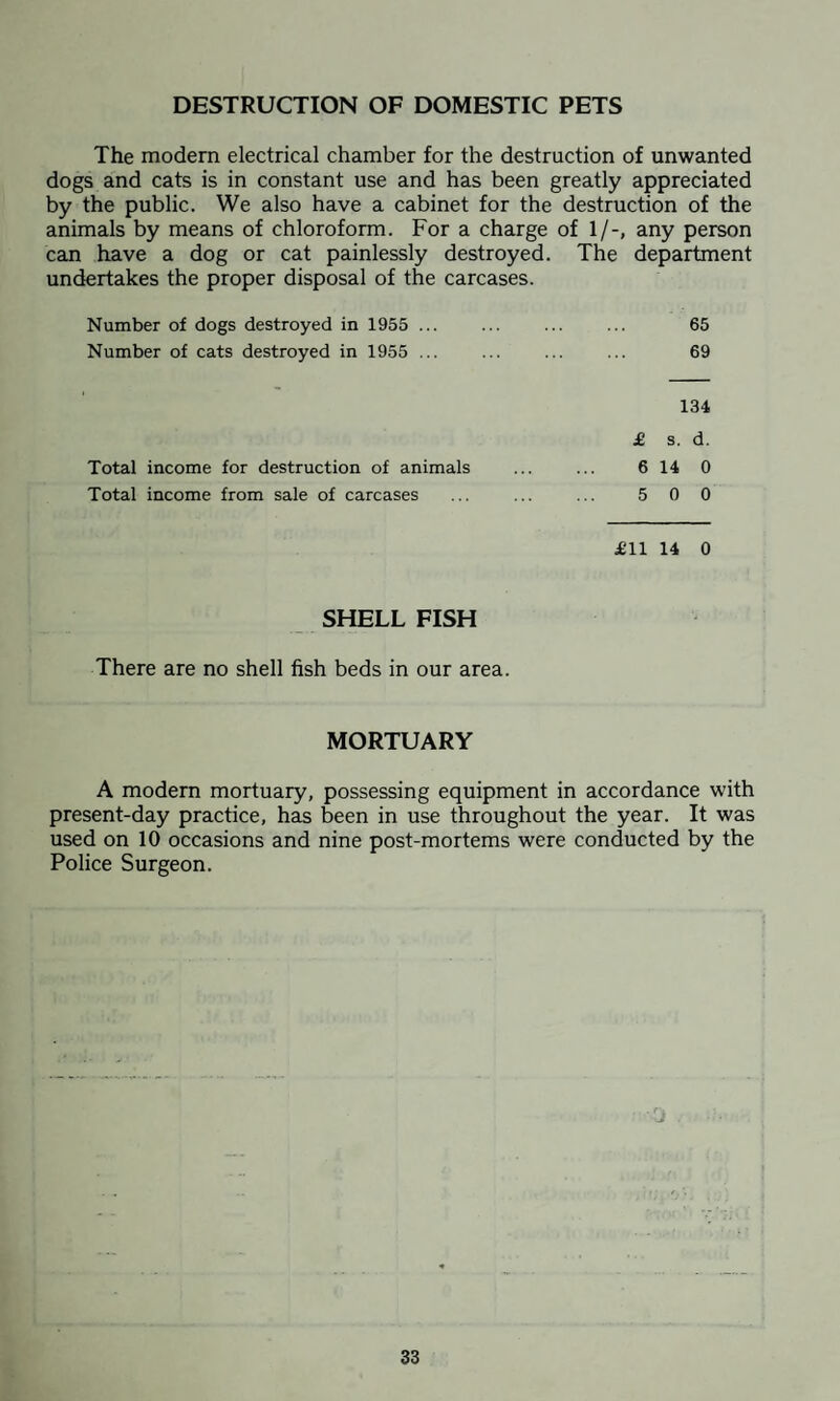 DESTRUCTION OF DOMESTIC PETS The modern electrical chamber for the destruction of unwanted dogs and cats is in constant use and has been greatly appreciated by the public. We also have a cabinet for the destruction of the animals by means of chloroform. For a charge of 1/-, any person can have a dog or cat painlessly destroyed. The department undertakes the proper disposal of the carcases. Number of dogs destroyed in 1955 ... ... ... ... 65 Number of cats destroyed in 1955 ... ... ... ... 69 134 £ s. d. Total income for destruction of animals ... ... 6 14 0 Total income from sale of carcases ... ... ... 5 0 0 £11 14 0 SHELL FISH There are no shell fish beds in our area. MORTUARY A modern mortuary, possessing equipment in accordance with present-day practice, has been in use throughout the year. It was used on 10 occasions and nine post-mortems were conducted by the Police Surgeon.