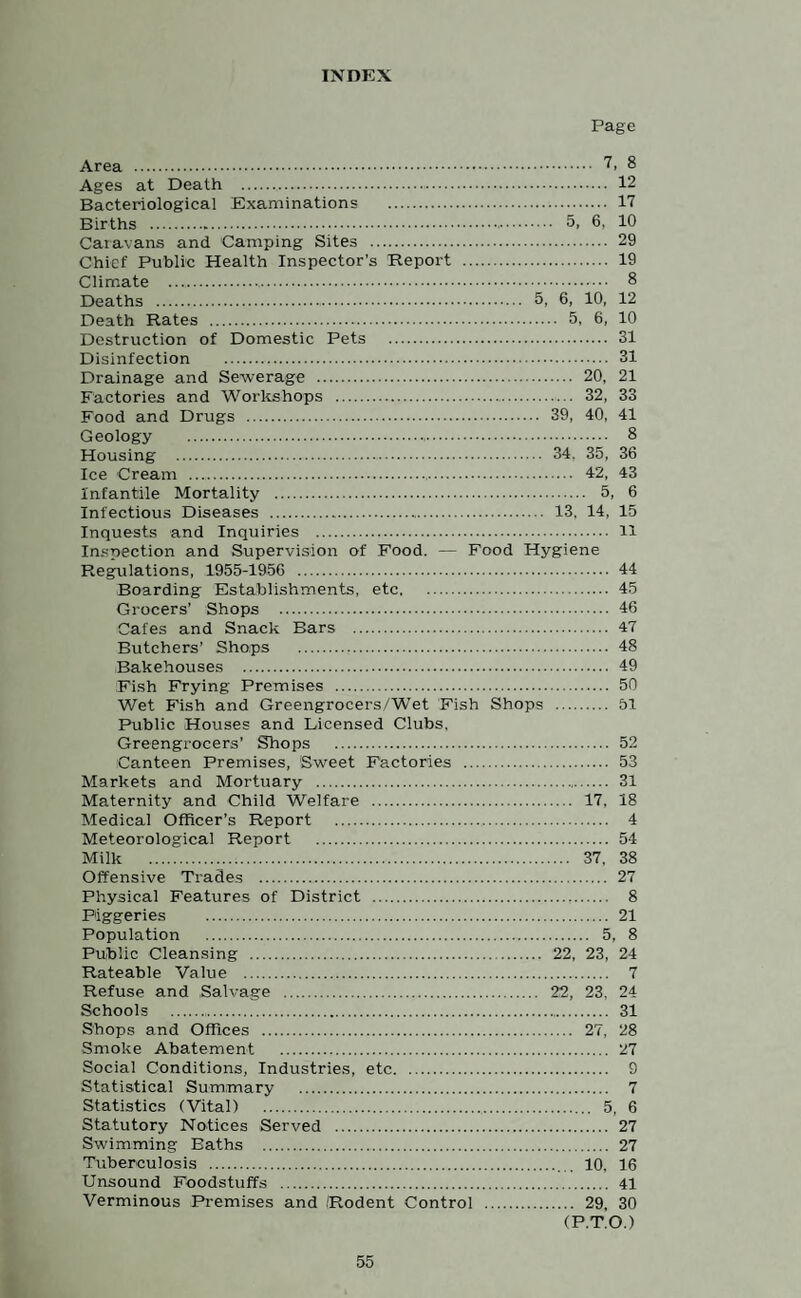 INDEX Page Area . 8 Ages at Death . 12 Bacteriological Examinations . 17 Births . 5, 6, 10 Caiavans and Camping Sites . 29 Chief Public Health Inspector’s Report . 19 Climate .. 8 Deaths .. 5, 6, 10, 12 Death Rates . 5, 6, 10 Destruction of Domestic Pets . 31 Disinfection . 31 Drainage and Sewerage . 20, 21 Factories and Workshops . 32, 33 Food and Drugs . 39, 40, 41 Geology . 8 Housing . 34. 35, 36 Ice Cream . 42, 43 Infantile Mortality . 5, 6 Infectious Diseases . 13. 14, 15 Inquests and Inquiries . 11 Inspection and Supervision of Food. — Food Hygiene Regulations, 1955-1956 . 44 Boarding Establishments, etc. 45 Grocers’ Shops . 46 Cafes and Snack Bars . 47 Butchers’ Shops . 48 Bakehouses . 49 Fish Frying Premises . 50 Wet Fish and Greengrocers/WTet Fish Shops . 51 Public Houses and Licensed Clubs. Greengrocers’ Shops . 52 Canteen Premises, Sweet Factories . 53 Markets and Mortuary . 31 Maternity and Child Welfare . 17, 18 Medical Officer’s Report . 4 Meteorological Report . 54 Milk . 37. 38 Offensive Trades . 27 Physical Features of District . 8 Piggeries . 21 Population . 5, 8 Public Cleansing . 22, 23, 24 Rateable Value . 7 Refuse and Salvage . 22, 23, 24 Schools . 31 Shops and Offices . 27, 28 Smoke Abatement . 27 Social Conditions, Industries, etc. 9 Statistical Summary . 7 Statistics (Vital) . 5, 6 Statutory Notices Served . 27 Swimming Baths . 27 Tuberculosis . 10. 16 Unsound Foodstuffs . 41 Verminous Premises and Rodent Control . 29, 30 (P.T.O.)