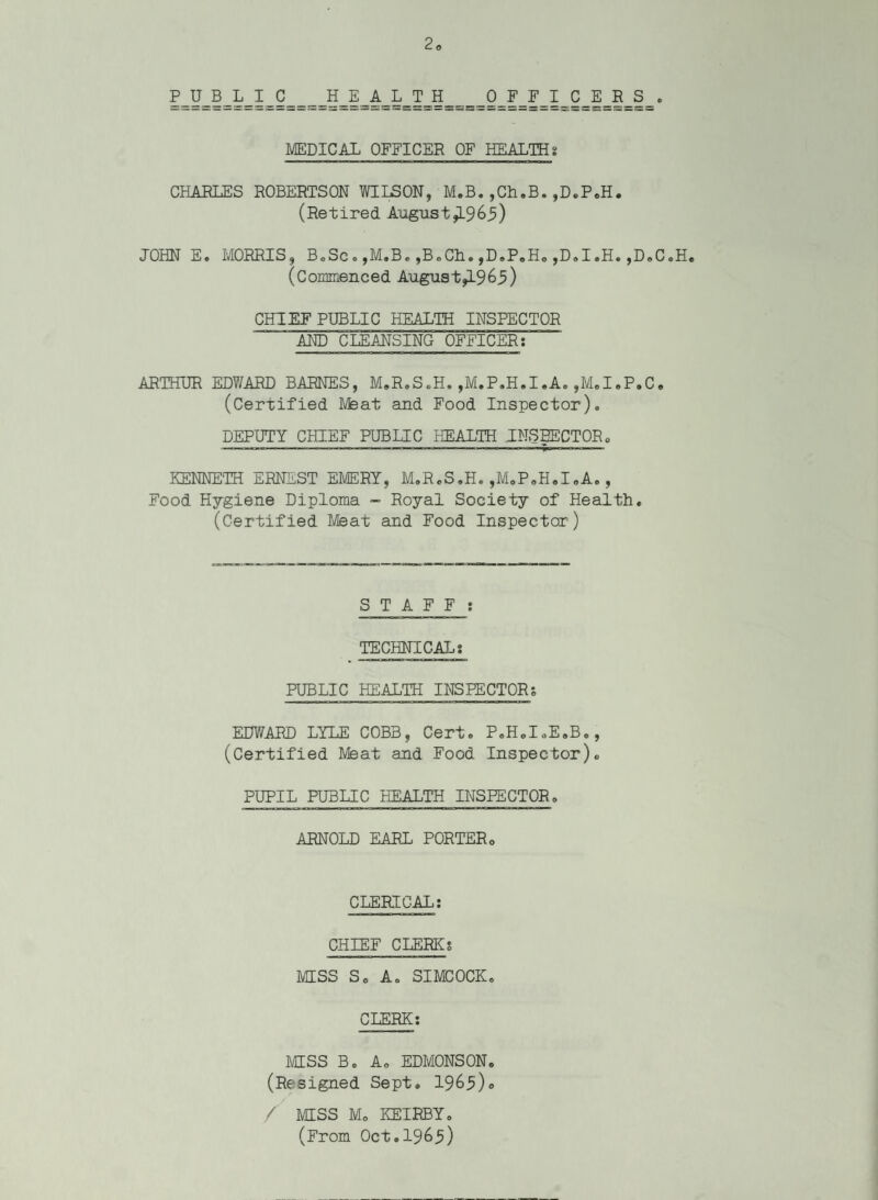 20 LLyii===J.LAicLLB1!_o=LLiiJJ CHARLES ROBERTSON WILSON, M.B.,Ch.B.,D.PeH. (Retired August,L965) JOHN E. MORRIS, B.Sc . ,M.B. ,B.CL. ,D.P.Ho ,D.I .H. ,D.C.H. (Commenced August ,19 65) CHIEE PUBLIC HEALTH INSPECTOR AND CLEANSING OFFICER: ARTHUR EDWARD BARNES, M.R.S.H.,M.P.H.I.A.,M.I.P.C. (Certified Meat and Food Inspector). DEPUTY CHIEF PUBLIC HEALTH INSgECTOR. KENNETH ERNEST EMERY, M.R.S.H. ,M.P.H.I.A., Food Hygiene Diploma - Royal Society of Health. (Certified Meat and Food Inspector) STAFF : TECHNICAL; PUBLIC HEALTH INSPECTOR; EDWARD LYLE COBB, Cert. P.H.IoE.B., (Certified Meat and Food Inspector). PUPIL PUBLIC HEALTH INSPECTOR. ARNOLD EARL PORTER0 CLERICAL: CHIEF CLERKs MISS So A. SIMCOCK. CLERK: MISS B. A. EDMONSON. (Resigned Sept. 1965)0 / MISS M„ KEIRBY. (From Oct.1965) n w