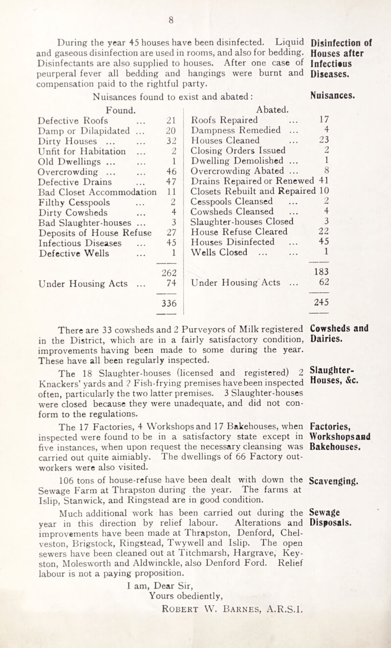 During the year 45 houses have been disinfected. Liquid and gaseous disinfection are used in rooms, and also for bedding. Disinfectants are also supplied to houses. After one case of peurperal fever all bedding and hangings were burnt and compensation paid to the rightful party. Nuisances found to exist and abated: Disinfection of Houses after Infectious Diseases. Nuisances. Found. Defective Roofs ... 21 Damp or Dilapidated ... 20 Dirty Houses ... ... 32 Unfit for Habitation ... 2 Old Dwellings ... ... 1 Overcrowding ... ... 46 Defective Drains ... 47 Bad Closet Accommodation 11 Filthy Cesspools ... 2 Dirty Cowsheds ... 4 Bad Slaughter-houses ... 3 Deposits of House Refuse 27 Infectious Diseases ... 45 Defective Wells ... 1 262 Under Housing Acts ... 74 336 Abated. Roofs Repaired ... 17 Dampness Remedied ... 4 Houses Cleaned ... 23 Closing Orders Issued 2 Dwelling Demolished ... 1 Overcrowding Abated ... 8 Drains Repaired or Renewed 41 Closets Rebuilt and Repaired 10 Cesspools Cleansed ... 2 Cowsheds Cleansed ... 4 Slaughter-houses Closed 3 House Refuse Cleared 22 Houses Disinfected ... 45 Wells Closed ... ... 1 183 Under Housing Acts ... 62 245 There are 33 cowsheds and 2 Purveyors of Milk registered in the District, which are in a fairly satisfactory condition, improvements having been made to some during the year. These have all been regularly inspected. The 18 Slaughter-houses (licensed and registered) 2 Knackers’ yards and 2 Fish-frying premises havebeen inspected often, particularly the two latter premises. 3 Slaughter-houses were closed because they were unadequate, and did not con¬ form to the regulations. The 17 Factories, 4 Workshops and 17 Bakehouses, when inspected were found to be in a satisfactory state except in five instances, when upon request the necessary cleansing was carried out quite aimiably. The dwellings of 66 Factory out¬ workers were also visited. Cowsheds and Dairies. Slaughter- Houses, &c. Factories, Workshopsand Bakehouses. 106 tons of house-refuse have been dealt with down the Scavenging. Sewage Farm at Thrapston during the year. The farms at I slip, Stanwick, and Ringstead are in good condition. Much additional work has been carried out during the Sewage year in this direction by relief labour. Alterations and Disposals, improvements have been made at Thrapston, Denford, Chel- veston, Brigstock, Ringstead, Twywell and Islip. The open sewers have been cleaned out at Titchmarsh, Hargrave, Key- ston, Molesworth and Aldwinckle, also Denford Ford. Relief labour is not a paying proposition. I am, Dear Sir, Yours obediently, Robert W. Barnes, A.R.S.I.