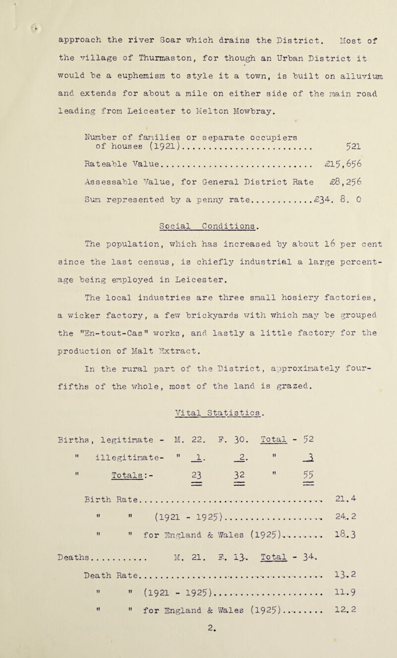 approach the river Soar which drains the District. Host of the village of Thurmaston, for though an Urban District it would he a euphemism to style it a town, is built on alluvium and extends for about a mile on either side of the main road leading from Leicester to Melton Mowbray. Number of families or separate occupiers of houses (l92l). 521 Rateable Value. £15,656 Assessable Value, for General District Rate £8,256 Sun represented by a penny rate. .£34-. 8. C Social Conditions. The population, which has increased by about l6 per cent since the last census, is chiefly industrial a large percent¬ age being employed in Leicester. The local industries are three small hosiery factories, a wicker factory, a few brickyards with which may be grouped the En-tout-Cas works, and lastly a little factory for the production of Malt Extract. In the rural part of the District, approximately four- fifths of the whole, most of the land is grazed. Vital Statistics. Births, legitimate - M. 22. P. 30. Total - 52 illegitimate-  1. 2.  3 Totals:- 23 32  55 Birth Rate... . . . 21.4  (1921 - 1925)... 24.2  for England & Wales (1925)-.-.. .—. . l8.3 Deaths. M. 21. P. 13-. Total - 34.. Death Rate.■.•---- 13-. 2  (1921 - 1925).. H.9  for England & Wales (1925)..-. 12.2 2