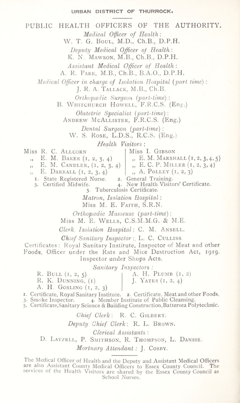 GENERAL PROVISION OF HEALTH SERVICES IN THE AREA. Section B. 1. (i.) Public Health Officers of the Local Authority. The medical, nursing and sanitary staff have been enumerated at the commencement of this Report. (ii.) (a) Laboratory Facilities. The Essex County Council’s Laboratories continue to serve the area as in former years. At the commence¬ ment of the year an extended laboratory service came into operation. The list of examinations which now can be carried out is very comprehensive and of widely varying scope, and for the first time facilities are pro¬ vided for local authorities by which samples of water, sewage effluents, &c., will be examined, and more com¬ plete examination of milk samples will be undertaken. The list of examinations includes the following: Blood Cerebral-Spinal Fluid Faeces Food, including ice-cream Milk Sputum Throat Swabs Urine Sewage Effluents Drinking Water Swimming-bath Water Swabs of Streptococci (Haemolytic) Sputa for Tuberculosis Miscellaneous