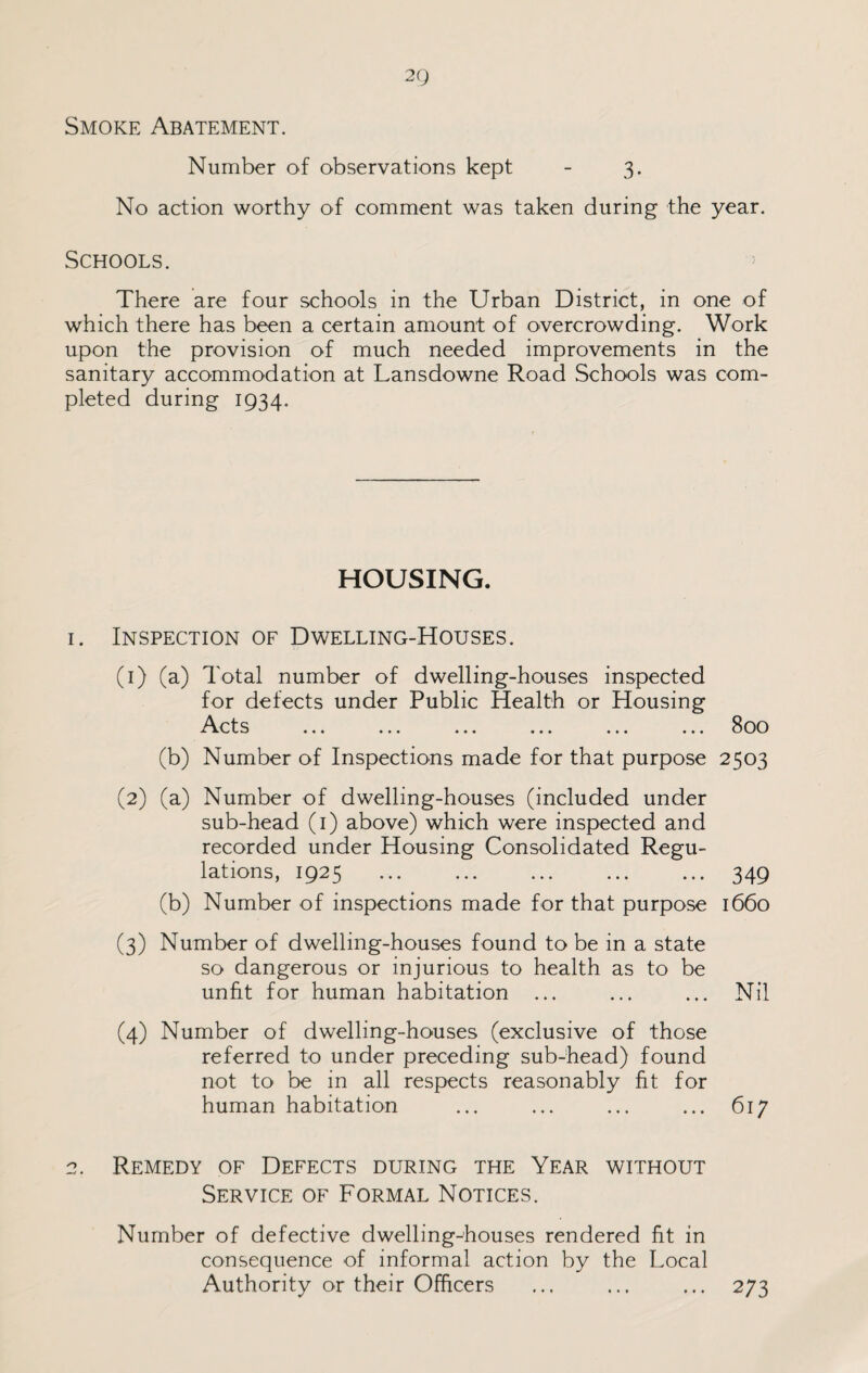 Smoke Abatement. Number of observations kept - 3. No action worthy of comment was taken during the year. Schools. There are four schools in the Urban District, in one of which there has been a certain amount of overcrowding. Work upon the provision of much needed improvements in the sanitary accommodation at Lansdowne Road Schools was com¬ pleted during 1934. HOUSING. 1. Inspection of Dwelling-Houses. (1) (a) Total number of dwelling-houses inspected for defects under Public Health or Housing Acts ... ... ... ... ... ... 800 (b) Number of Inspections made for that purpose 2503 (2) (a) Number of dwelling-houses (included under sub-head (1) above) which were inspected and recorded under Housing Consolidated Regu¬ lations, 1925 ... ... ... ... ... 349 (b) Number of inspections made for that purpose 1660 (3) Number of dwelling-houses found to be in a state so dangerous or injurious to health as to be unfit for human habitation ... ... ... Nil (4) Number of dwelling-houses (exclusive of those referred to under preceding sub-head) found not to be in all respects reasonably fit for human habitation ... ... ... ... 617 2. Remedy of Defects during the Year without Service of Formal Notices. Number of defective dwelling-houses rendered fit in consequence of informal action by the Local Authority or their Officers ... ... ... 273