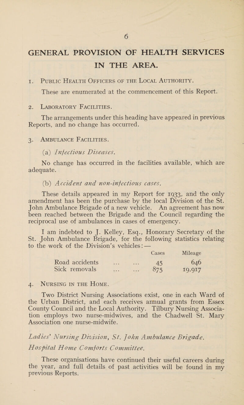 GENERAL PROVISION OF HEALTH SERVICES IN THE AREA. 1. Public Health Officers of the Local Authority. These are enumerated at the commencement of this Report. 2. Laboratory Facilities. The arrangements under this heading have appeared in previous Reports, and no change has occurred. 3. Ambulance Facilities. (a) Infectious Diseases. No change has occurred in the facilities available, which are adequate. (b) Accident and non-infectious cases. These details appeared in my Report for 1933, and the only amendment has been the purchase by the local Division of the St. John Ambulance Brigade of a new vehicle. An agreement has now been reached between the Brigade and the Council regarding the reciprocal use of ambulances in cases of emergency. I am indebted to J. Kelley, Esq., Honorary Secretary of the St. John Ambulance Brigade, for the following statistics relating to the work of the Division’s vehicles: — Cases Mileage Road accidents ... ... 45 646 Sick removals ... ... 875 19,917 4. Nursing in the Home. Two District Nursing Associations exist, one in each Ward of the Urban District, and each receives annual grants from Essex County Council and the Local Authority. Tilbury Nursing Associa¬ tion employs two nurse-midwives, and the Chadwell St. Mary Association one nurse-midwife. Ladies' Nursing Division, St. John Ambulance Brigade. Hospital Home Comforts Committee. These organisations have continued their useful careers during the year, and full details of past activities will be found in my previous Reports.
