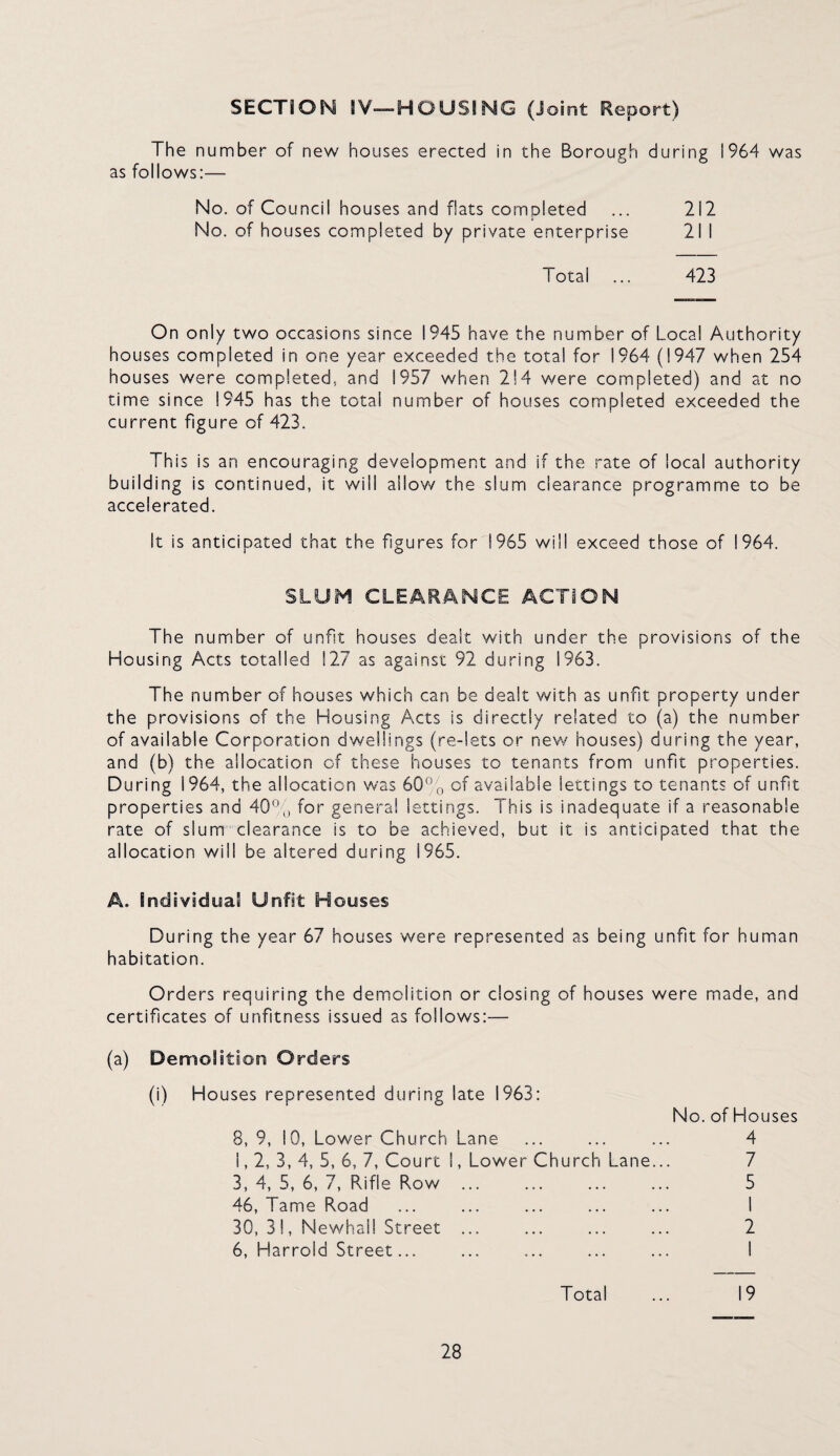 SECTION IV—HOUSING (Joint Report) The number of new houses erected in the Borough during 1964 was as follows:— No. of Council houses and flats completed ... 212 No. of houses completed by private enterprise 21 I Total ... 423 On only two occasions since 1945 have the number of Local Authority houses completed in one year exceeded the total for 1964 (1947 when 254 houses were completed, and 1957 when 214 were completed) and at no time since 1945 has the total number of houses completed exceeded the current figure of 423. This is an encouraging development and if the rate of local authority building is continued, it will allow the slum clearance programme to be accelerated. It is anticipated that the figures for 1965 will exceed those of 1964. SLUM CLEARANCE ACTION The number of unfit houses dealt with under the provisions of the Housing Acts totalled 127 as against 92 during 1963. The number of houses which can be dealt with as unfit property under the provisions of the Housing Acts is directly related to (a) the number of available Corporation dwellings (re-lets or new houses) during the year, and (b) the allocation of these houses to tenants from unft properties. During 1964, the allocation was 60% of available lettings to tenants of unft properties and 40°^, for genera! lettings. This is inadequate if a reasonable rate of slum clearance is to be achieved, but it is anticipated that the allocation will be altered during 1965. A. IndivsdisaS Unfit H ©uses During the year 67 houses were represented as being unft for human habitation. Orders requiring the demolition or closing of houses were made, and certificates of unfitness issued as follows:— (a) Demolition Orders (i) Houses represented during late 1963: 8, 9, 10, Lower Church Lane 1,2, 3, 4, 5, 6, 7, Court I, Lower Church Lane 3, 4, 5, 6, 7, Rifle Row ... 46, Tame Road 30, 31, Newhal! Street ... 6, Harrold Street... Total ... 19 No. of Houses 4 7 5 1 2