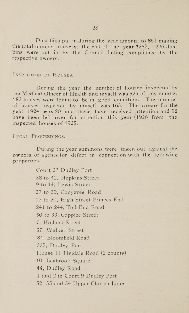 Dust bins put in during the year amount to 861 making the total number in use at the end of the year 3287, 226 dust bins were put in by the Council failing compliance by the respective owners. Inspection of Houses. During the year the number of houses inspected by the Medical Officer of Health and myself was 529 of this number 182 houses were found to be in good condition. The number of houses inspected by myself was 165. The arrears for the year 1924 was 20 and these have received attention and 95 have been left over for attention this year (1926) from the inspected houses of 1925. Legal Proceedings. During the year summons were ta^en out against the owners or agents for defect in connection with the following properties. Court 27 Dudley Port 3S to 42, Hopkins Street 9 to 14, Lewis Street 27 to 30, Conygree Road 17 to 20, High Street Princes End 241 to 244, Toll End Road 30 to 33, Coppice Street 7. Holland Street 37, Walker Street 84, Bloomfield Road 337, Dudley Port House 11 Tividale Road (2 counts) 10. Leabrook Square 44, Dudley Road 1 and 2 in Court 9 Dudley Port 52, 53 and 54 Upper Church Lane