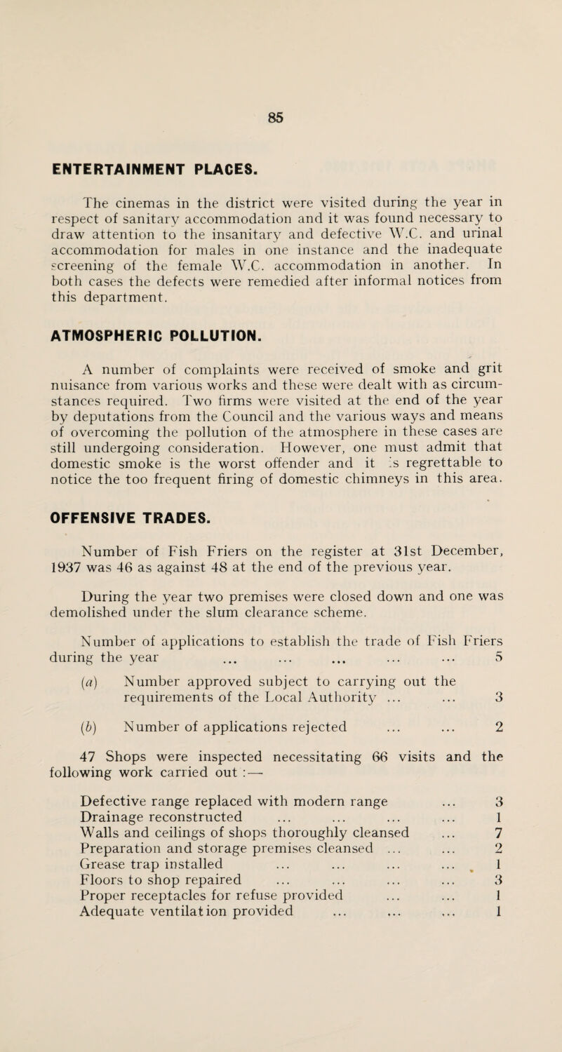 ENTERTAINMENT PLACES. The cinemas in the district were visited during the year in respect of sanitary accommodation and it was found necessary to draw attention to the insanitary and defective W.C. and urinal accommodation for males in one instance and the inadequate screening of the female W.C. accommodation in another. In both cases the defects were remedied after informal notices from this department. ATMOSPHERIC POLLUTION. A number of complaints were received of smoke and grit nuisance from various works and these were dealt with as circum¬ stances required. Two firms were visited at the end of the year by deputations from the Council and the various ways and means of overcoming the pollution of the atmosphere in these cases are still undergoing consideration. However, one must admit that domestic smoke is the worst offender and it is regrettable to notice the too frequent firing of domestic chimneys in this area. OFFENSIVE TRADES. Number of Fish Friers on the register at 31st December, 1937 was 46 as against 48 at the end of the previous year. During the year two premises were closed down and one was demolished under the slum clearance scheme. Number of applications to establish the trade of Fish Friers during the year ... ... ... ... ... 5 (a) Number approved subject to carrying out the requirements of the Local Authority ... ... 3 (b) Number of applications rejected ... ... 2 47 Shops were inspected necessitating 66 visits and the following work carried out :—- Defective range replaced with modern range ... 3 Drainage reconstructed ... ... ... ... 1 Walls and ceilings of shops thoroughly cleansed ... 7 Preparation and storage premises cleansed ... ... 2 Grease trap installed ... ... ... ... 1 Floors to shop repaired ... ... ... ... 3 Proper receptacles for refuse provided ... ... 1 Adequate ventilation provided ... ... ... 1
