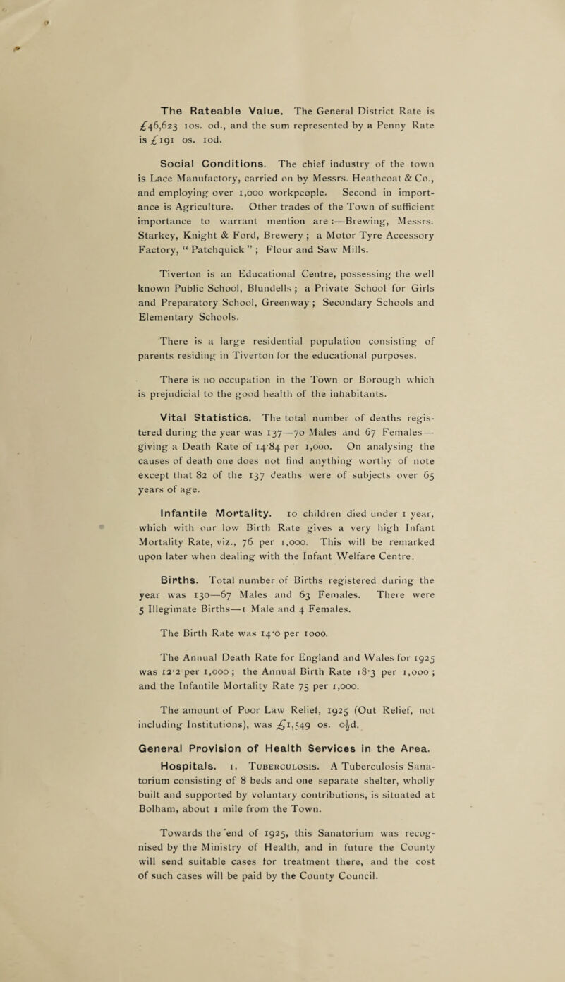 The Rateable Value. The General District Rate is ^46,623 10s. od., and the sum represented by a Penny Rate is ^191 os. iod. Social Conditions. The chief industry of the town is Lace Manufactory, carried on by Messrs. Heathcoat & Co., and employing over 1,000 workpeople. Second in import¬ ance is Agriculture. Other trades of the Town of sufficient importance to warrant mention are :—Brewing, Messrs. Starkey, Knight & Ford, Brewery ; a Motor Tyre Accessory Factory, “ Patchquick ” ; Flour and Saw Mills. Tiverton is an Educational Centre, possessing the well known Public School, Blundells ; a Private School for Girls and Preparatory School, Greenway ; Secondary Schools and Elementary Schools. There is a large residential population consisting of parents residing in Tiverton for the educational purposes. There is no occupation in the Town or Borough which is prejudicial to the good health of the inhabitants. Vital Statistics. The total number of deaths regis¬ tered during the year was 137—70 Males and 67 Females — giving a Death Rate of 14 84 per 1,000. On analysing the causes of death one does not find anything worthy of note except that 82 of the 137 deaths were of subjects over 65 years of age. Infantile Mortality. 10 children died under 1 year, which with our low Birth Rate gives a very high Infant Mortality Rate, viz., 76 per 1,000. This will be remarked upon later when dealing with the Infant Welfare Centre. Births. Total number of Births registered during the year was 130—67 Males and 63 Females. There were 5 Illegimate Births—1 Male and 4 Females. The Birth Rate was i4-o per 1000. The Annual Death Rate for England and Wales for 1925 was I2‘2 per 1,000; the Annual Birth Rate i8‘3 per 1,000; and the Infantile Mortality Rate 75 per 1,000. The amount of Poor Law Relief, 1925 (Out Relief, not including Institutions), was ,£1,549 os. o^d. General Provision of Health Services in the Area. Hospitals. 1. Tuberculosis. A Tuberculosis Sana¬ torium consisting of 8 beds and one separate shelter, wholly built and supported by voluntary contributions, is situated at Bolham, about 1 mile from the Town. Towards the'end of 1925, this Sanatorium was recog¬ nised by the Ministry of Health, and in future the County will send suitable cases for treatment there, and the cost of such cases will be paid by the County Council.