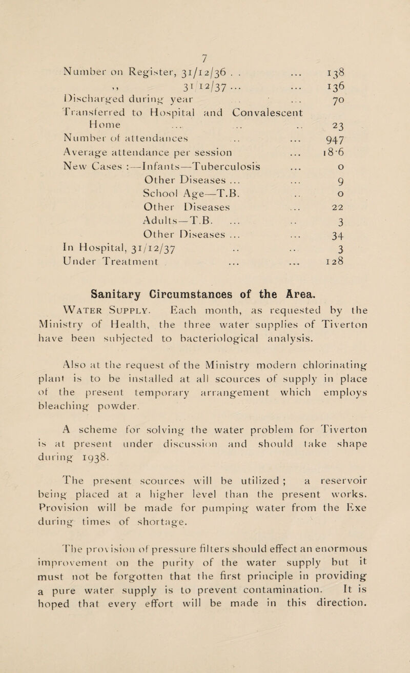 Nainber on Register, 31/12/36 . . ... 138 3112/37... ... 136 discharged during year ... 70 rransterred to Hospital and Convalescent Home ... .. .. 23 Number of attendances .. ... 947 Average attendance per session ... i8‘6 New Cases :—Infants—Tuberculosis ... o Other Diseases ... ... 9 School Age—T.B. .. o Other D iseases ... 22 Adults — T.B. ... .. 3 Oth er Di seases ... ... 34 In Hospital, 31/12/37 .. .. 3 Under Treatment ... ... 128 Sanitary Circumstances of the Area. Water Supply. Each month, as requested by the Ministry of Health, the three water supplies of Tiverton have been subjected to bacteriological analysis. Also at the request of the Ministry modern chlorinating plant is to be installed at all scources of supply in place ot the present temporary arrangement which employs bleaching powder. A scheme for solving the water problem for Tiverton is at present under discussion and should take shape during 1938. The present scources will be utilized ; a reservoir being placed at a higher level than the present works. Provision will be made for pumping water from the Kxe during times of shortage. d'he provision of pressure filters should effect an enormous Improvement on the purity of the water supply but it must not be forgotten that the first principle in providing a pure water supply is to prevent contamination. It is hoped that every effort will be made in this direction.