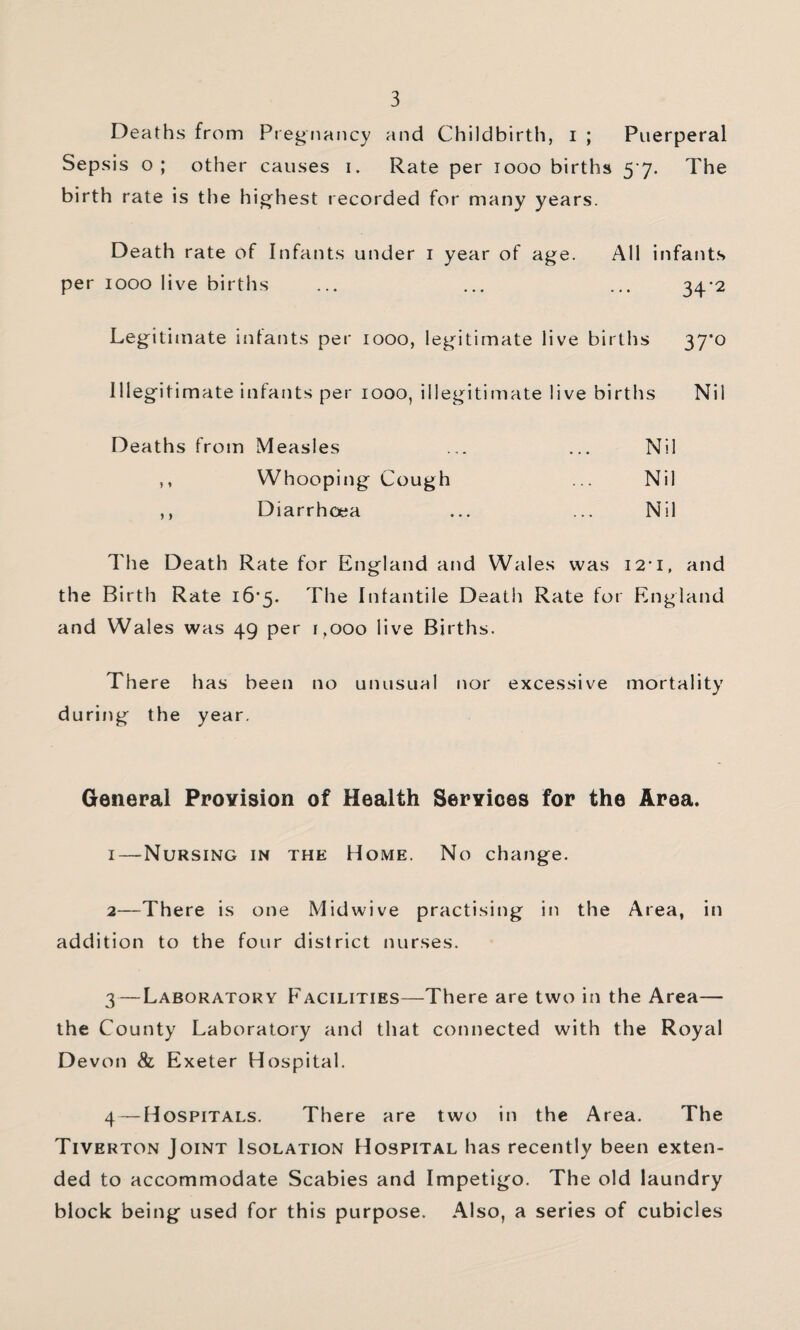 Deaths from Pregnancy and Childbirth, i ; Puerperal Sepsis o; other causes i. Rate per looo births 5'7. The birth rate is the highest recorded for many years. Death rate of Infants under i year of age. All infants per looo live births ... ... ... 34’2 Legitimate infants per looo, legitimate live births 37‘o Illegitimate infants per looo, illegitimate live births Nil Deaths from Measles ... ... Nil ,, Whooping Cough ... Nil ,, Diarrhoea ... ... Nil The Death Rate for England and Wales was I2'i, and the Birth Rate i6’5. The Intantile Death Rate for England and Wales was 49 per 1,000 live Births. There has been no unusual nor excessive mortality during the year. General Provision of Health Services for the Area. 1— Nursing in the Home. No change, 2— There is one Midwive practising in the Area, in addition to the four district nurses. 3 — Laboratory Facilities—There are two in the Area— the County Laboratory and that connected with the Royal Devon & Exeter Hospital. 4—Hospitals. There are two in the Area. The Tiverton Joint Isolation Hospital has recently been exten¬ ded to accommodate Scabies and Impetigo. The old laundry block being used for this purpose. Also, a series of cubicles