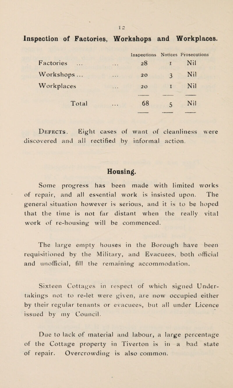 Inspection of Factories, Workshops and Workplaces. Inspections Notices Prosecutions Factories 28 I Nil Workshops... 20 3 Nil Workplaces 20 I Nil Total 68 5 Nil Defects. Eight cases of want of cleanliness were discovered and all rectified by informal action. Housing. Some progress has been made with limited works of repair, and all essential work is insisted upon. The general situation however is serious, and it is to be hoped that the time is not far distant when the really vital work of re-housing will be commenced. The large empty houses in the Borough have been requisitioned by the Military, and Evacuees, both official and unofficial, fill the remaining accommodation. Sixteen Cottages in respect of which signed Under¬ takings not to re-let were given, are now occupied either by their regular tenants or evacuees, but all under Licetice issued by my Council. Due to lack of material and labour, a large percentage of the Cottage property in Tiverton is in a bad state of repair. Overcrowding is also common.