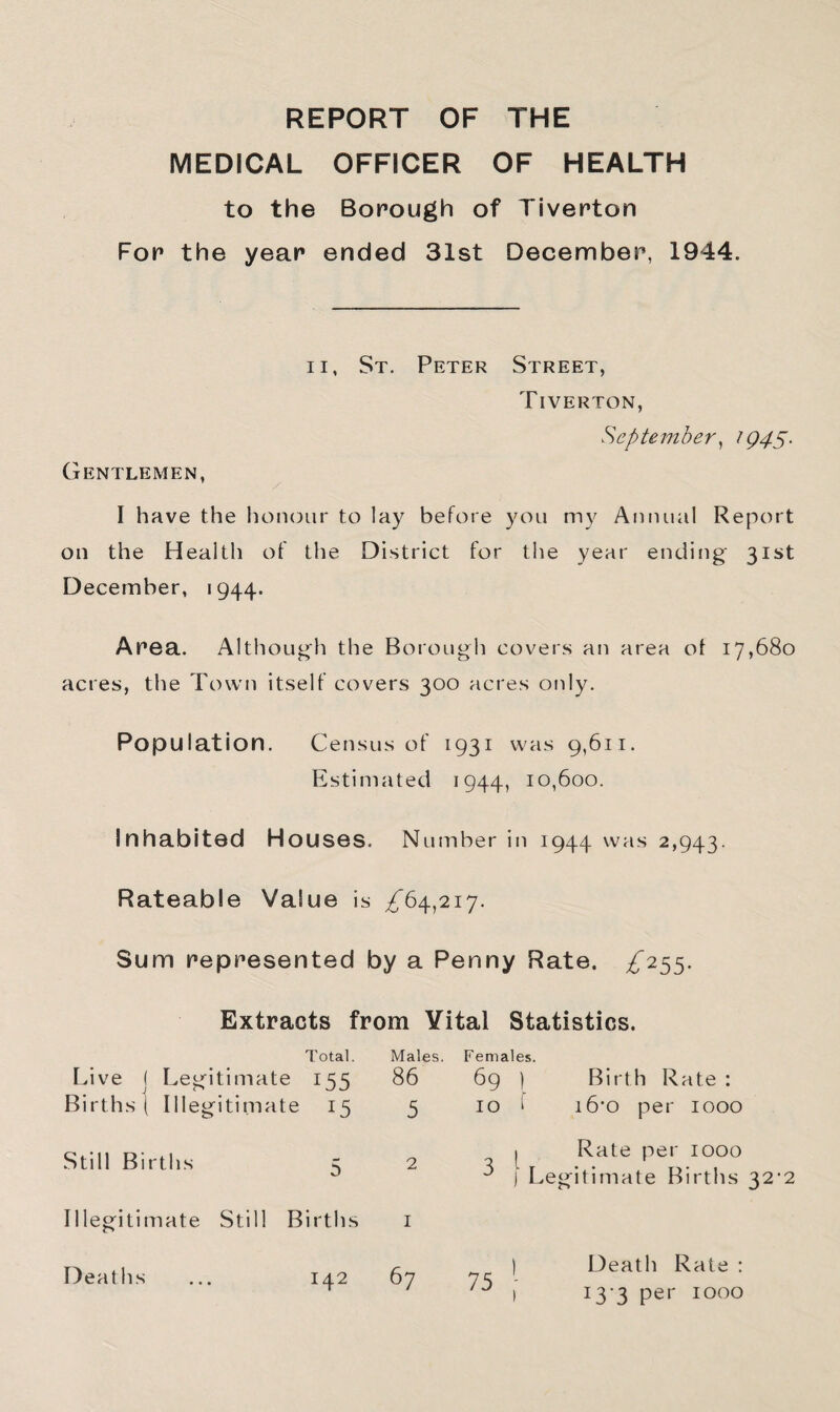 REPORT OF THE MEDICAL OFFICER OF HEALTH to the Borough of Tiverton For the year ended 31st December, 1944. II, St. Peter Street, Tiverton, September^ fQ45‘ Gentlemen, I have the honour to lay before you my Annual Report on the Health of the District for the year ending 31st December, 1944. Area. Although the Borough covers an area of 17,680 acres, the Town itself covers 300 acres only. Population. Census of 1931 was 9,611. Estimated 1944, 10,600. Inhabited Houses. Number in 1944 was 2,943. Rateable Value is ^64,217. Sum represented by a Penny Rate. £'2^^. Extracts from Vital Statistics. Total, Males. f^ive ( Legitimate 155 86 Births I Illegitimate 15 5 Still Births 5 2 Illegitimate Still Births i Deaths ... 142 67 Females. 69 ) Birth Rate : 10 ‘ i6'0 per 1000 Rate per 1000 ^ ) Legitimate Births 32'2 Death Rate : 13-3 per 1000