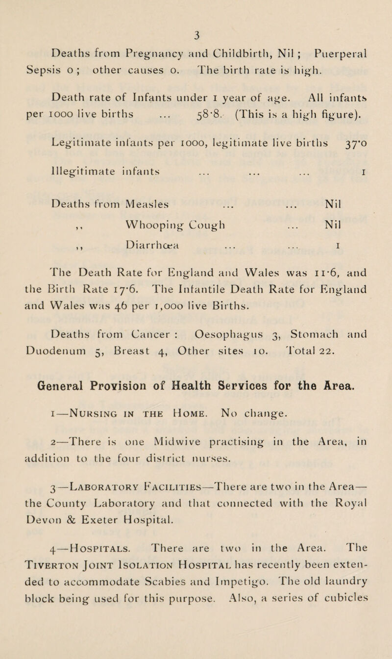 Deaths from Pregnancy and Childbirth, Nil ; Puerperal Sepsis o ; other causes o. The birth rate is high. Death rate of Infants under i year of age. All infants per looo live births ... 58'8. (This is a high figure). Legitimate infants per lOOO, legitimate live births 37*0 Illegitimate infants ... ... ... i Deaths from Measles ... ... Nil ,, Whooping Cough ... Nil ,, Diarrhoea ... ... i The Death Rate for England and Wales was ii-6, and the Birth Rate iy6. The Infantile Death Rate for England and Wales was 46 per 1,000 live Births. Deaths from Cancer ; Oesophagus 3, Stomach and Duodenum 5, Breast 4, Other sites 10. d'otal 22. General Provision of Health Services for the Area. 1— Nursing in the Home. No change. 2— There is one Midwive practising in the Area, in addition to the four district nurses. 3— Laboratory Eacilities—There are two in the Area— the County Laboratory and that connected with the Royal Devon & Exeter Hospital. 4— Hospitals. There are two in the Area. The Tiverton Joint Isolation Hospital has recently been exten¬ ded to accommodate Scabies and Impetigo. The old laundry block being used for this purpose. Also, a series of cubicles