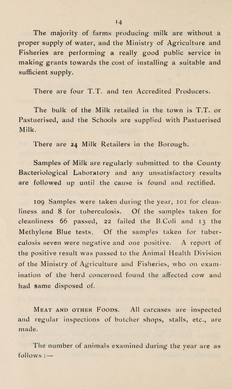 The majority of farms producing’ milk are without a proper supply of water, and the Ministry of Agriculture and Fisheries are performing a really good public service in making grants towards the cost of installing a suitable and sufficient supply. There are four T.T. and ten Accredited Producers. The bulk of the Milk retailed in the town is T.T. or Pastuerised, and the Schools are supplied with Pastuerised Milk. There are 24 Milk Retailers in the Borough. Samples of Milk are regularly submitted to the County Bacteriological Laboratory and any unsatisfactory results are followed up until the cause is found and rectified. 109 Samples were taken during the year, loi for clean¬ liness and 8 for tuberculosis. Of the samples taken for cleanliness 66 passed, 22 failed the B.Coli and 13 the Methylene Blue tests. Of the samples taken for tuber¬ culosis seven were negative and one positive. A report of the positive result was passed to the Animal Health Division of the Ministry of Agriculture and Fisheries, who on exam¬ ination of the herd concerned found the affected cow and had same disposed of. Meat and other Foods. All carcases are inspected and regular inspections of butcher shops, stalls, etc., are made. The number of animals examined during the year are as follows : —