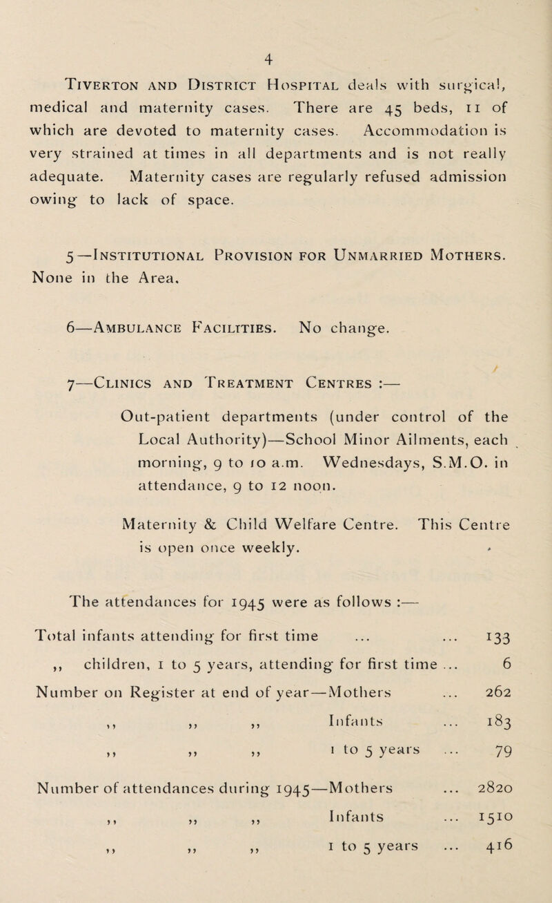 Tiverton and District Hospital deals with surgical, medical and maternity cases. There are 45 beds, 11 of which are devoted to maternity cases. Accommodation is very strained at times in all departments and is not really adequate. Maternity cases are regularly refused admission owing to lack of space. 5—Institutional Provision for Unmarried Mothers. None in the Area. 6— Ambulance Facilities. No change. 7— Clinics and Treatment Centres :— Out-patient departments (under control of the Local Authority)—School Minor Ailments, each morning, 9 to 10 a.m. Wednesdays, S.M.O. in attendance, 9 to 12 noon. Maternity & Child Welfare Centre. This Centre is open once weekly. The attendances for 1945 were as follows :— Total infants attending for first time • • • • . • *33 ,, children, 1 to 5 years, attending for first time ... 6 N umber on Register at end of year — -Mothers 262 »> j > j > Infants ■83 > » 77 77 1 to 5 years 79 N umber of attendances during 1945 — -Mothers 2820 > * »> »j Infants 1510 * > »7 7 7 1 to 5 years 416