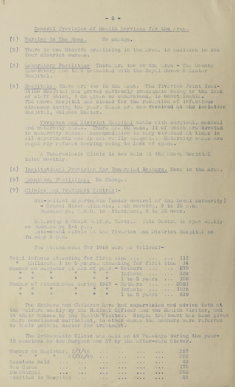General '.Provision of Health Services for the- area. (1) Hursing In The Home. Ho change. (2) There is one Midwife practising in the Area? in addition to the four district nurses. (3) ha bo ra10 ry Facilities There are two in the .area - Thu County Laboratory and that connected with the Royal Devon & Exeter Hospital. (4) Ho s pita IsThere are two in the ..rea. The Tiverton Joint Isol¬ ation Hospital has proved seriously inadequate owing to the lack of staff which, I am givwn to understand, is unobtainable. The above hospital was closed for the reception of infectious diseases during the yuar. Cases are now received at the Isolation Hospital, Whipton Exeter. Tiverton and District Ho spital deals with surgical, medical nid maternity cases. There are 50 beds, II of -which arc devoted to maternity cases. Accommodation is very strained -at times in all departments and is not really adequate. Maternity cases are regul arly refused booking owing to lack of space • A Tuberculosis Clinic is now held at the above Hospital twice monthly. (b) Inscitutional Provision for Unmarried Mocners. Hone in the Arc-... (6) i Drib u la nee .Facilities. Ho Change. (7 ) Clinics and Treatment Centres:- Out-patient departments (under control of the Local Authority) - Schooi Minor Ailments, each morning, 9 to 10 a.m. Wednesdays, F.; „M.O. in ..ttondanco, 9 to 12 noon. II;l10rn 1 cy & Chiid ' A1 fare Centra, on /ednesdays 2-4 p.m. ante-natal -clinic at the Tiverton Tie sday 5 p'.m. The attendances for 1948 were as follows:- inis Centre is open weekly .nd District Hospital on Total infants attending for first time ... ... children, I to 5 years, attending for first Humber on Register at end of ye .r - Mothers ... Infants ” « I to 5 years Humber of attendances during 1947 - Mothers ... «' Infants ... » » I to 5 years t ime coo III 14 275 169 106 2021 ... 1535 619 The Mothers and Children have had supervision and advice both at the Volfare weekly by the Medical Officer and the Health Visitor, and in their houses by the Health Visitor. Simple treatment has been given where considered sufficient, in other cases the mothers were referred to taoir private doctor for treatment. The Orthopaedic Clinic was held on 49 Tuesdays 12 sessions by the Surgeon and 37 by 'cho after-care during the year Sis ter. Humber on Register, l/l/48 31/12/48 Sessione held . . . ... HeW OaSeS ... ... Dis charges ... ... Admitted to Hospital ... 000 000 ® 0 0 0 0 9 327 286 49 175 302 23 rr/yf