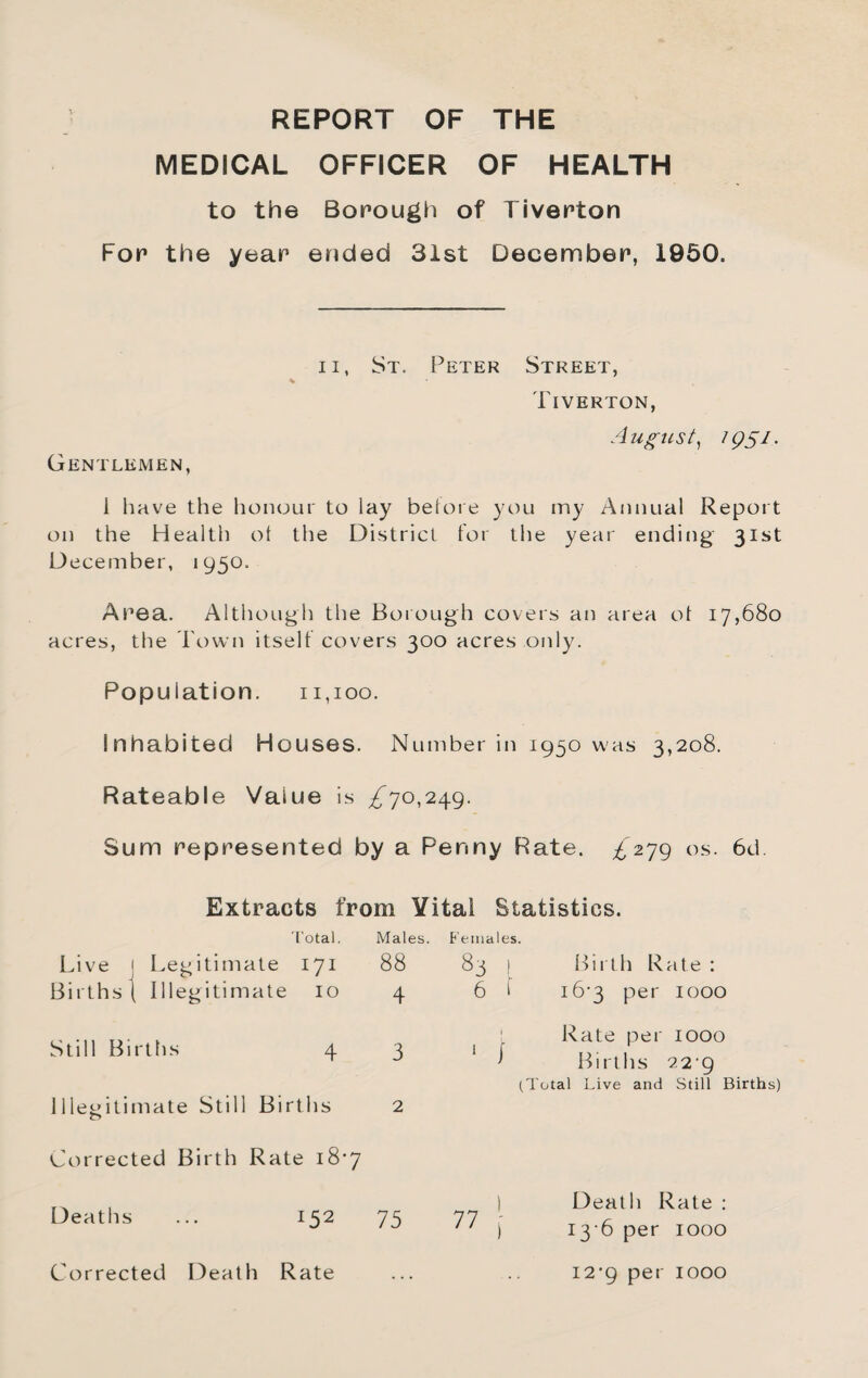 REPORT OF THE MEDICAL OFFICER OF HEALTH to the Borough of Tiverton For the year ended 31st December, 1950. II, St. Peter Street, % Tiverton, August^ Gentlemen, i have the honour to lay before you my Annual Report on the Health ot the District for the year ending 31st DeceFiiber, 1950. Area. Although the Borough covers an area ot 17,680 acres, the Town itself covers 300 acres only. Population. 11,100. Inhabited Houses. Number in 1950 was 3,208. Rateable Value is ^'70,249. Sum represented by a Penny Rate. £279 os. 6d Extracts from Vital Statistics. Total. Live I Legitimate 171 Births I Illegitimate 10 Still Births 4 Illegitimate Still Births Males. 88 4 3 2 Females. 83 ! Birth Rate : 6 1 16-3 per 1000 I Rate per 1000 * ^ Births 22 9 (Total Live and Still Births) Corrected Birth Rate 18*7 Deaths ... 152 75 77 Death Rate : I3‘6 per 1000 Corrected Death Rate 12‘9 per 1000